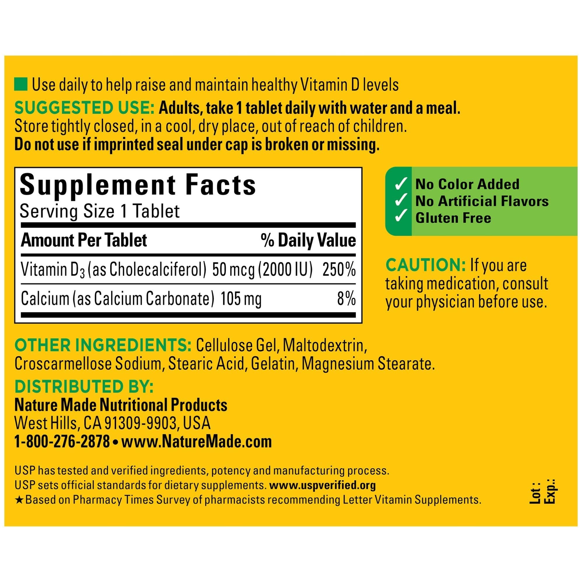 Nature Made Vitamin D3 2000 IU 220 Tablets bottle side view
