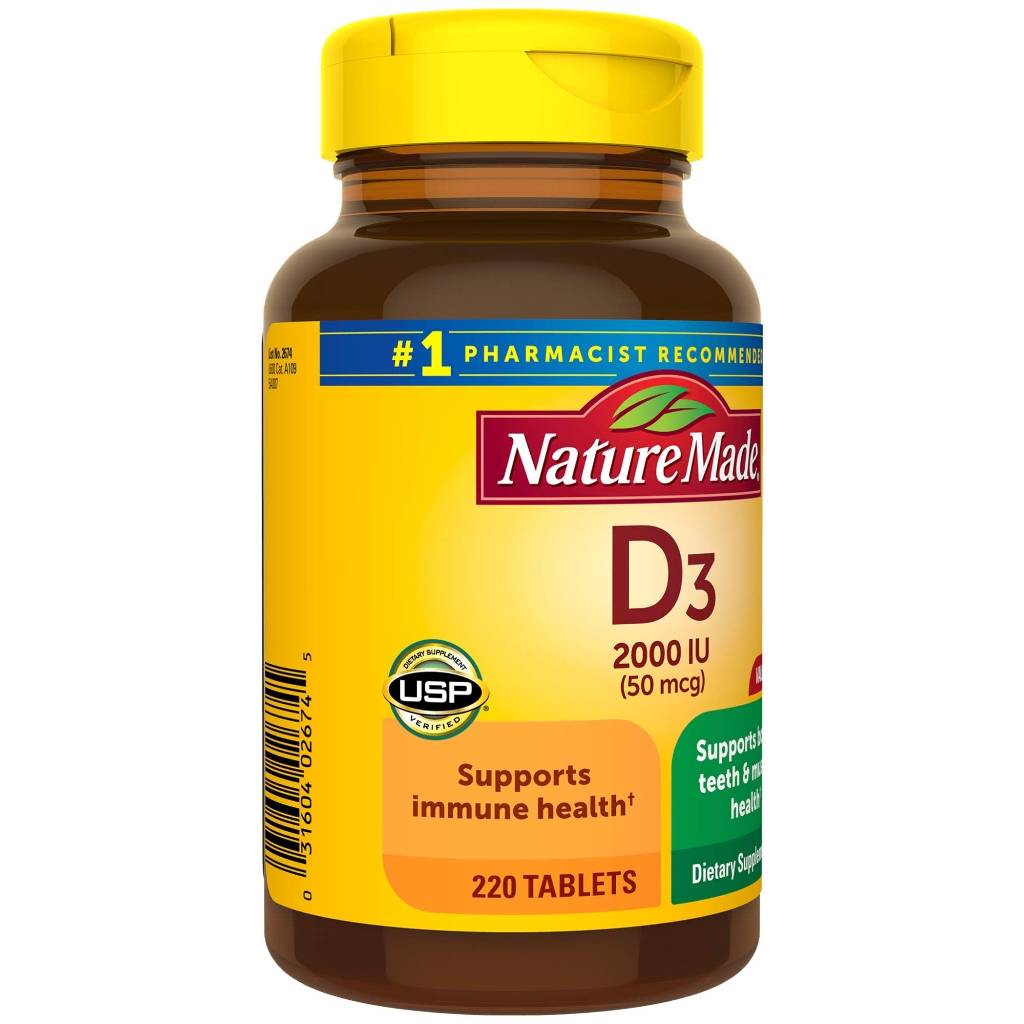 Nature Made Vitamin D3 2000 IU 220 Tablets on a wooden table