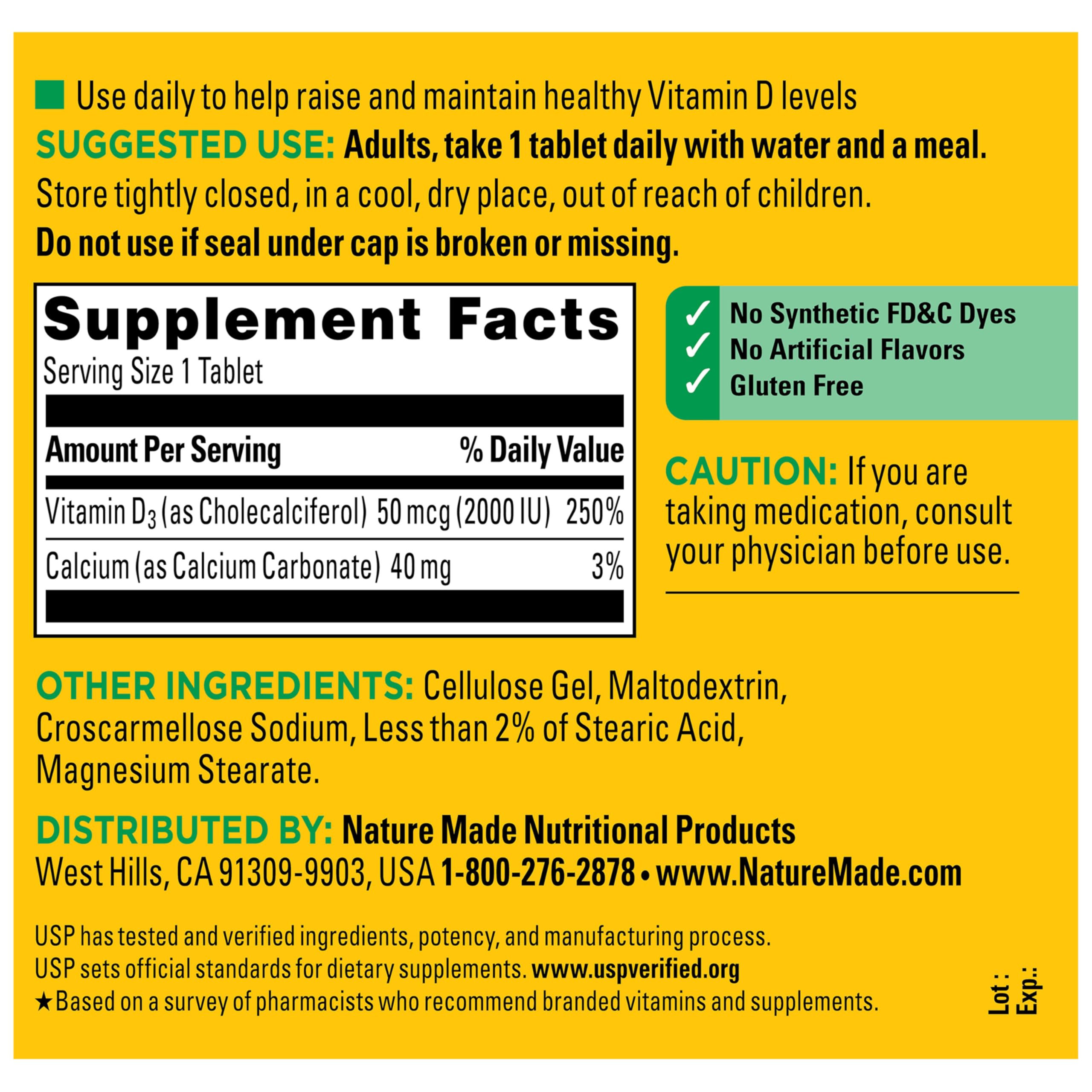 Nature Made Vitamin D3 2000 IU Tablets 400 Count nutritional information
