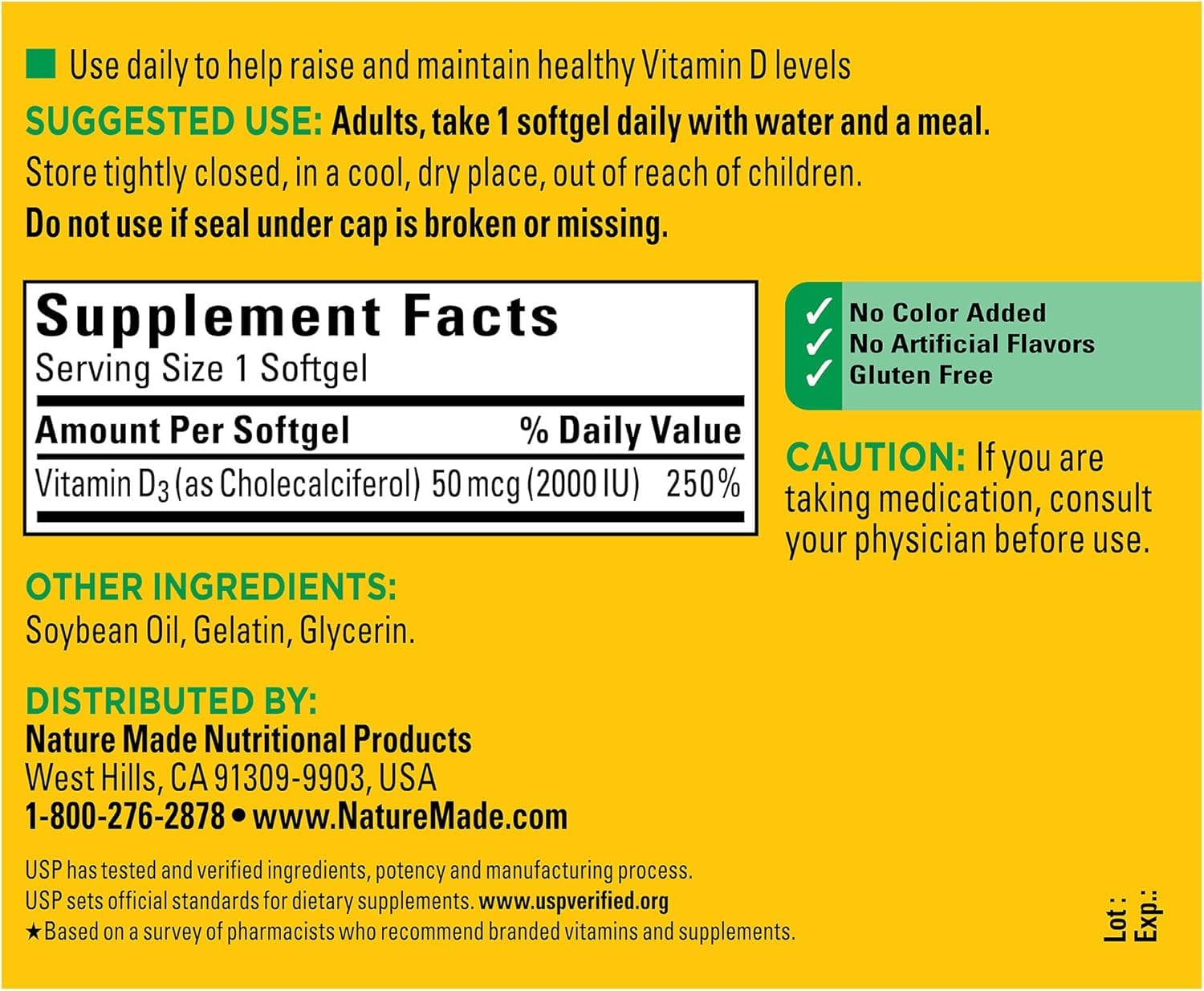Nature Made Vitamin D3 Liquid Softgels back view showing ingredients