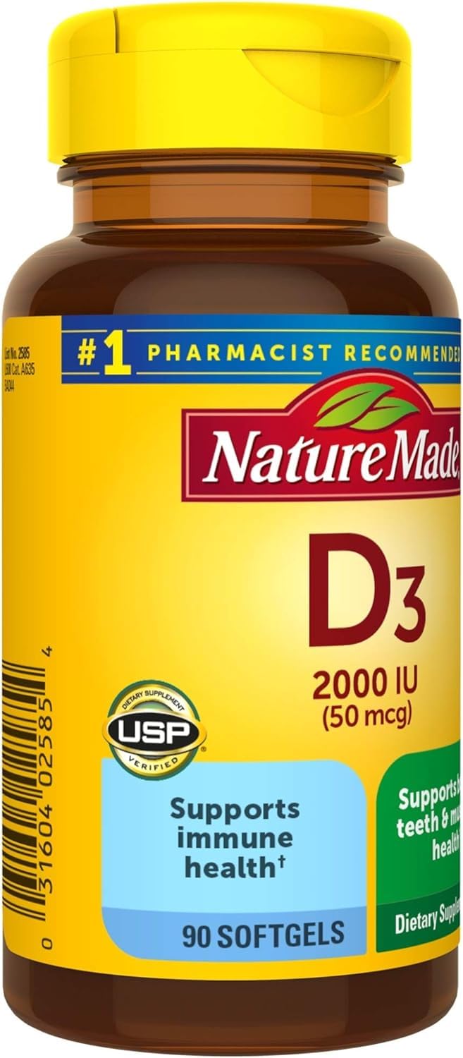 Nature Made Vitamin D3 Softgels lifestyle scene with a glass of water