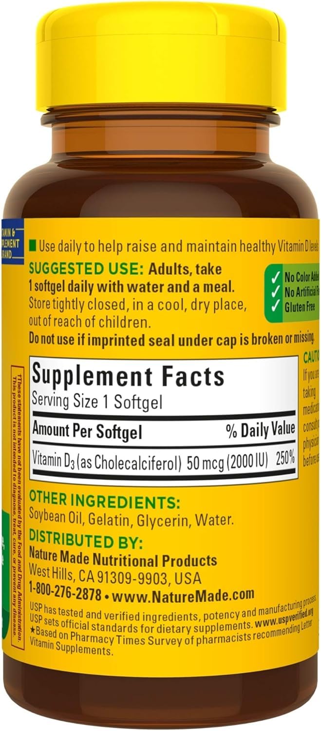 Nature Made Vitamin D3 Softgels on a wooden table