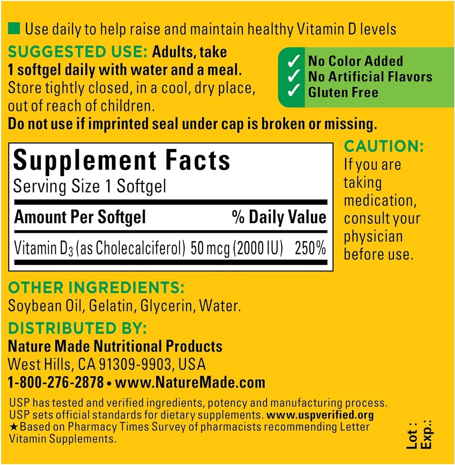 Nature Made Vitamin D3 Softgels side view with dosage details