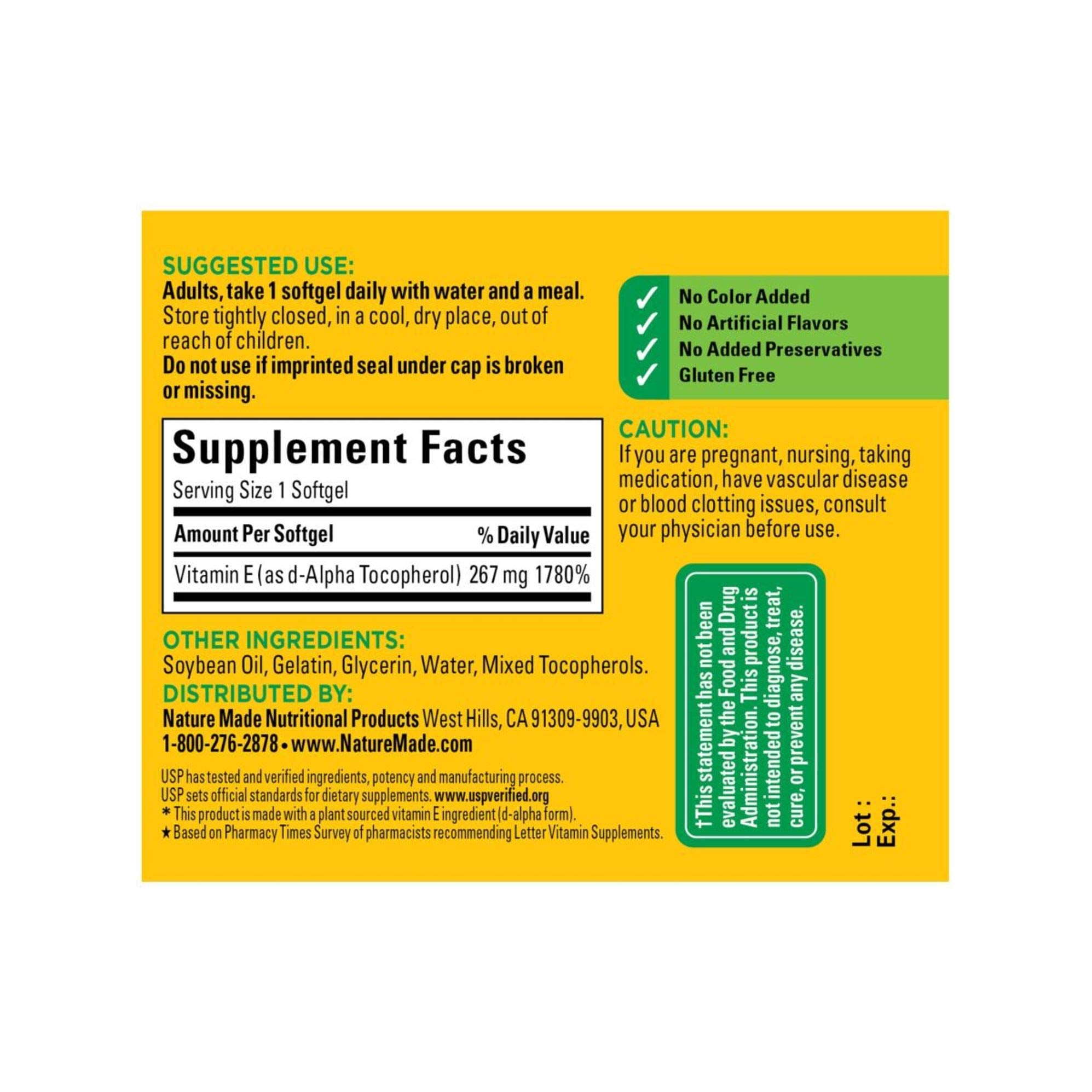 Nature Made Vitamin E 267 mg softgel bottle side view