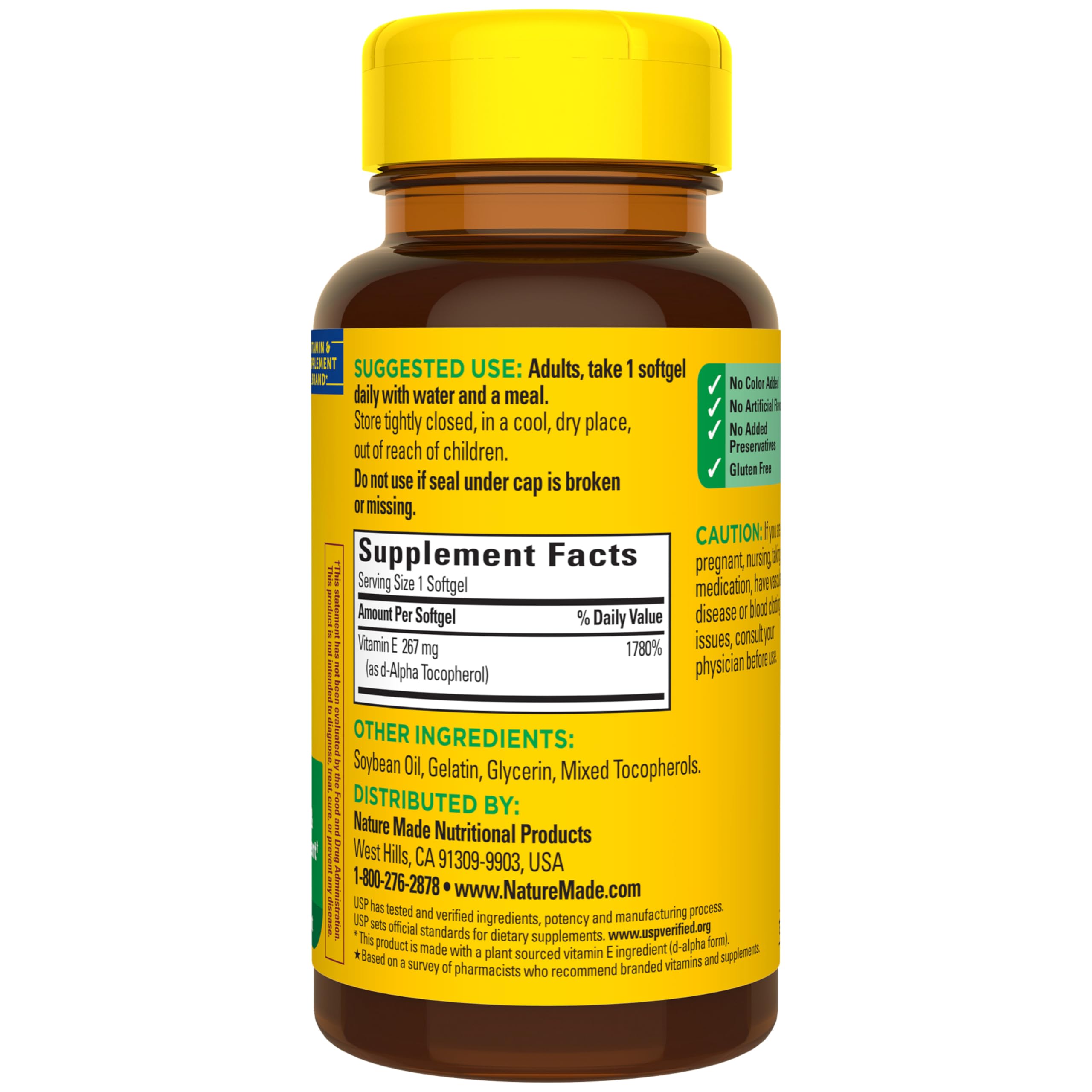 Nature Made Vitamin E softgels showing the back of the bottle