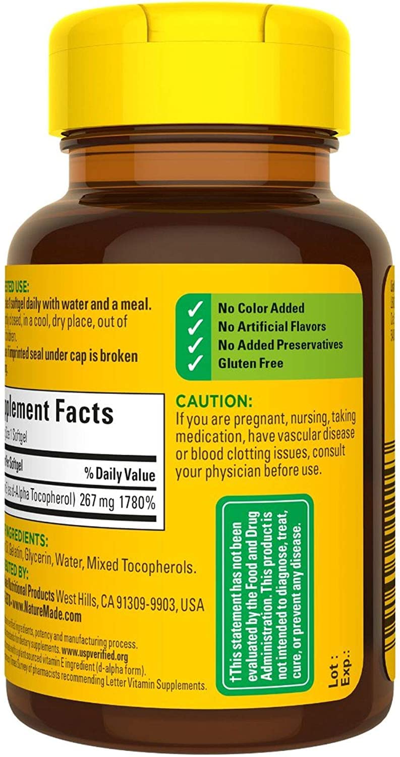 Nature Made Vitamin E Softgels with nutritional information