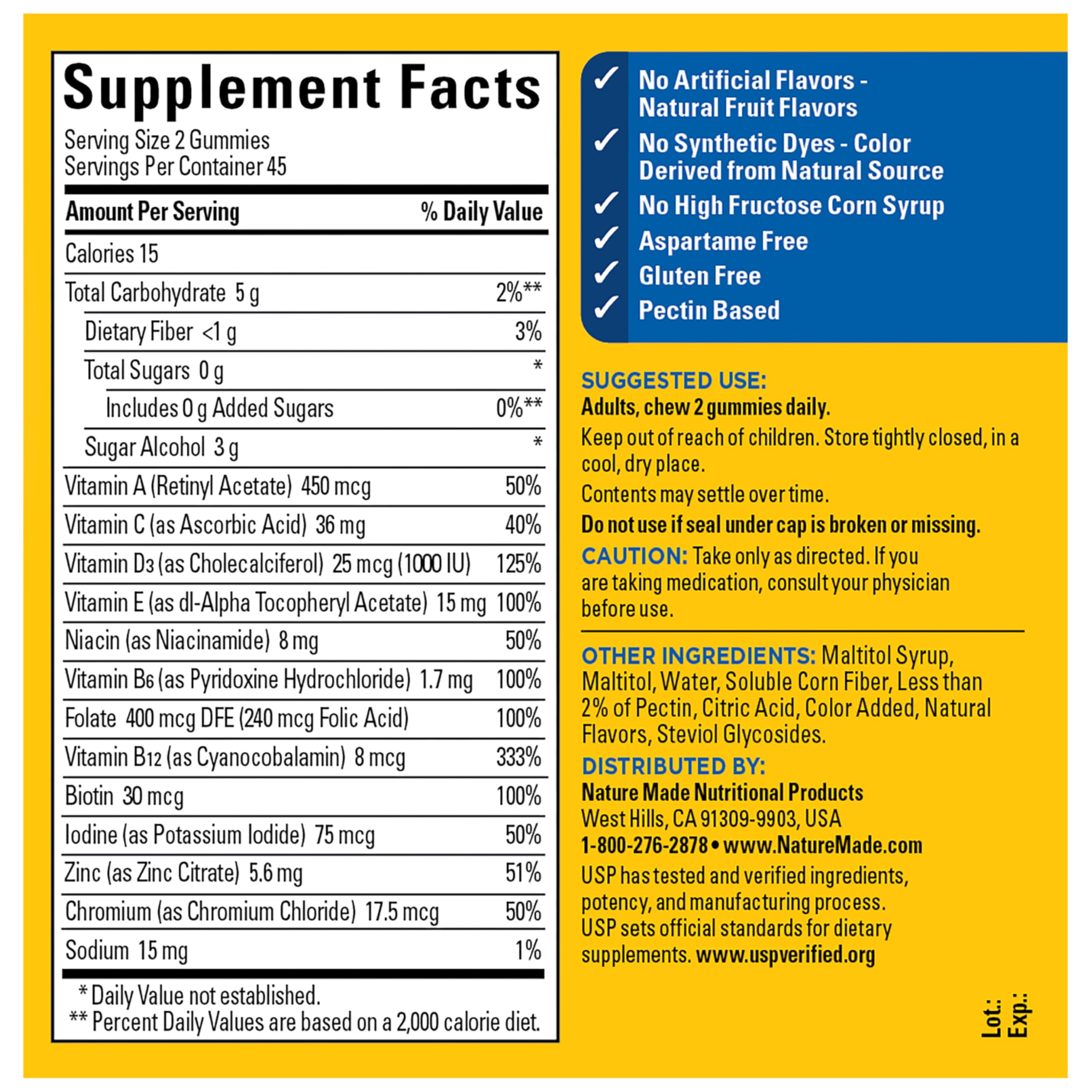 Nature Made Zero Sugar Men's Multivitamin Gummies ingredients list