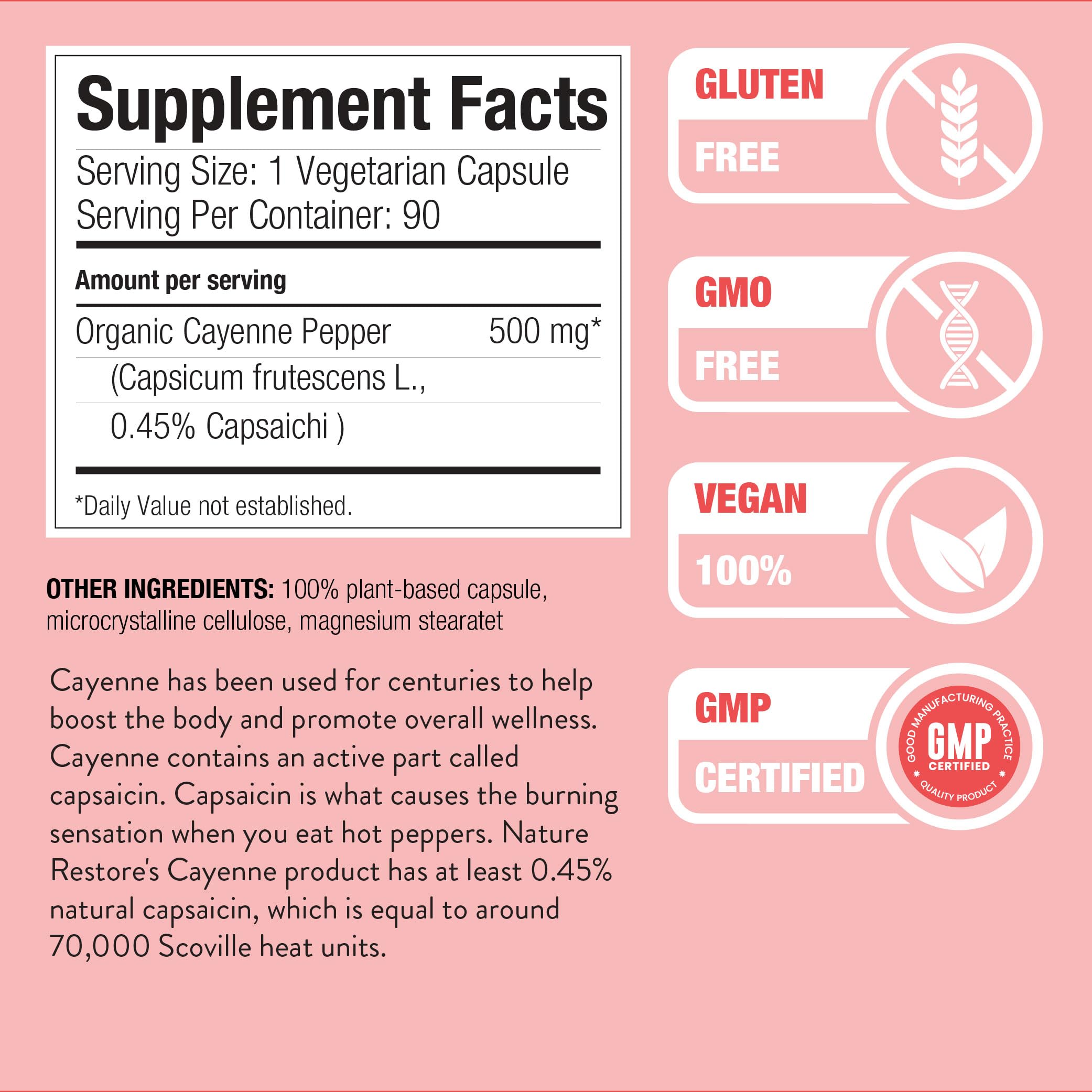 Nature Restore Cayenne Pepper Supplement 500mg bottle side view