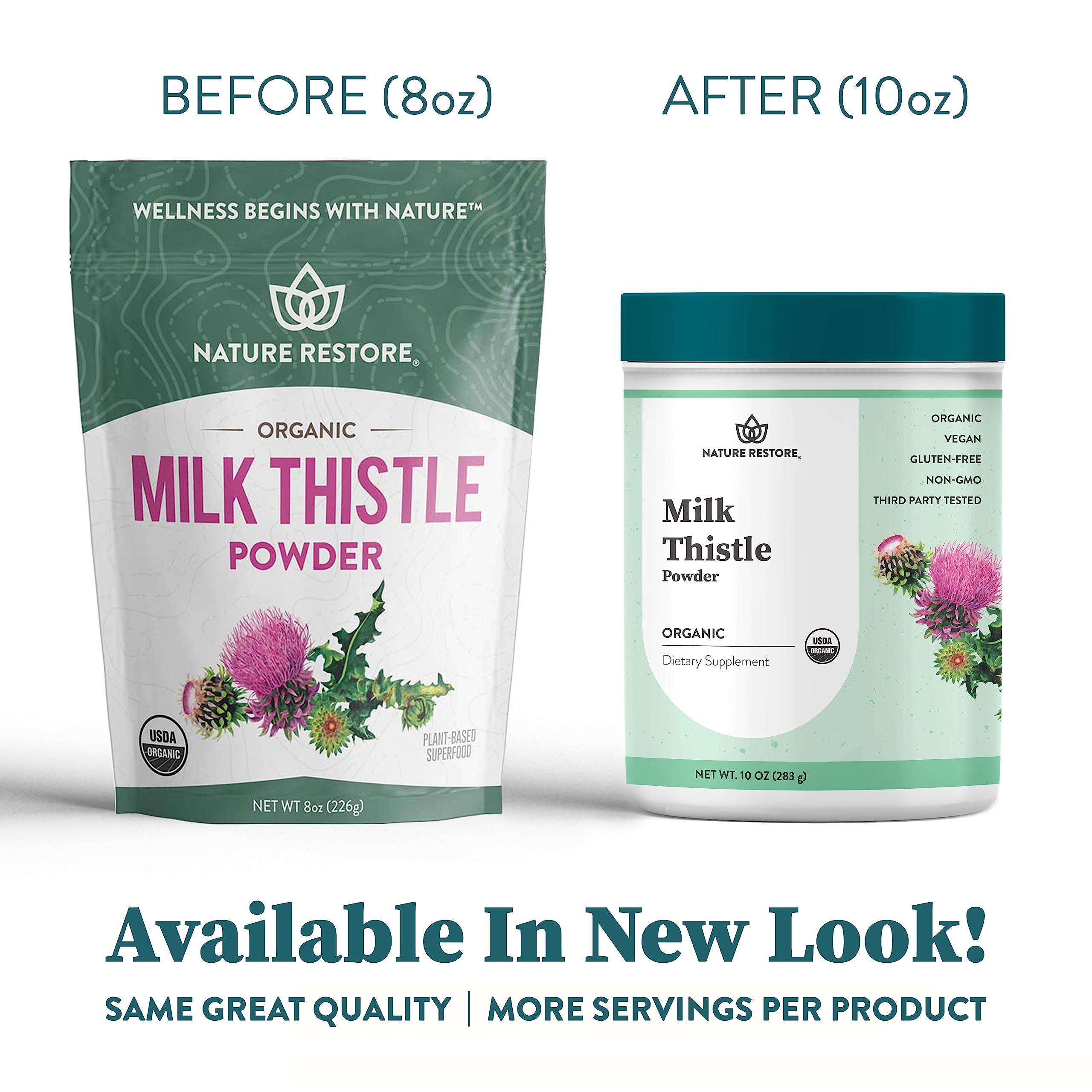 Nature Restore Organic Milk Thistle Seed Powder on a kitchen counter