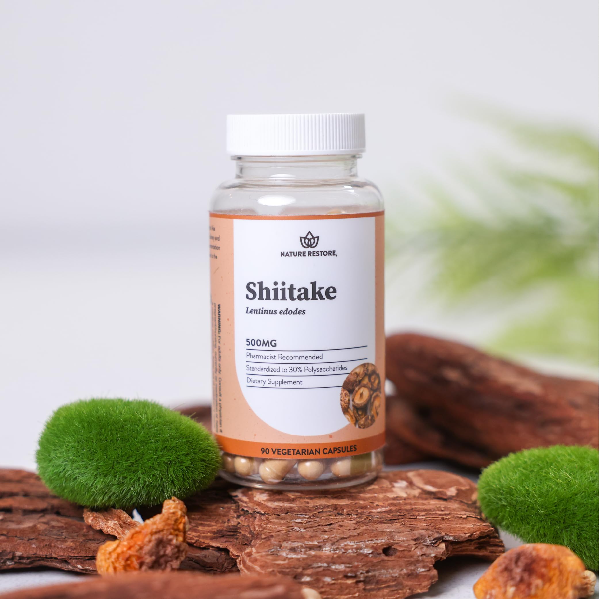 Nature Restore Shiitake Mushroom Extract bottle with a natural background