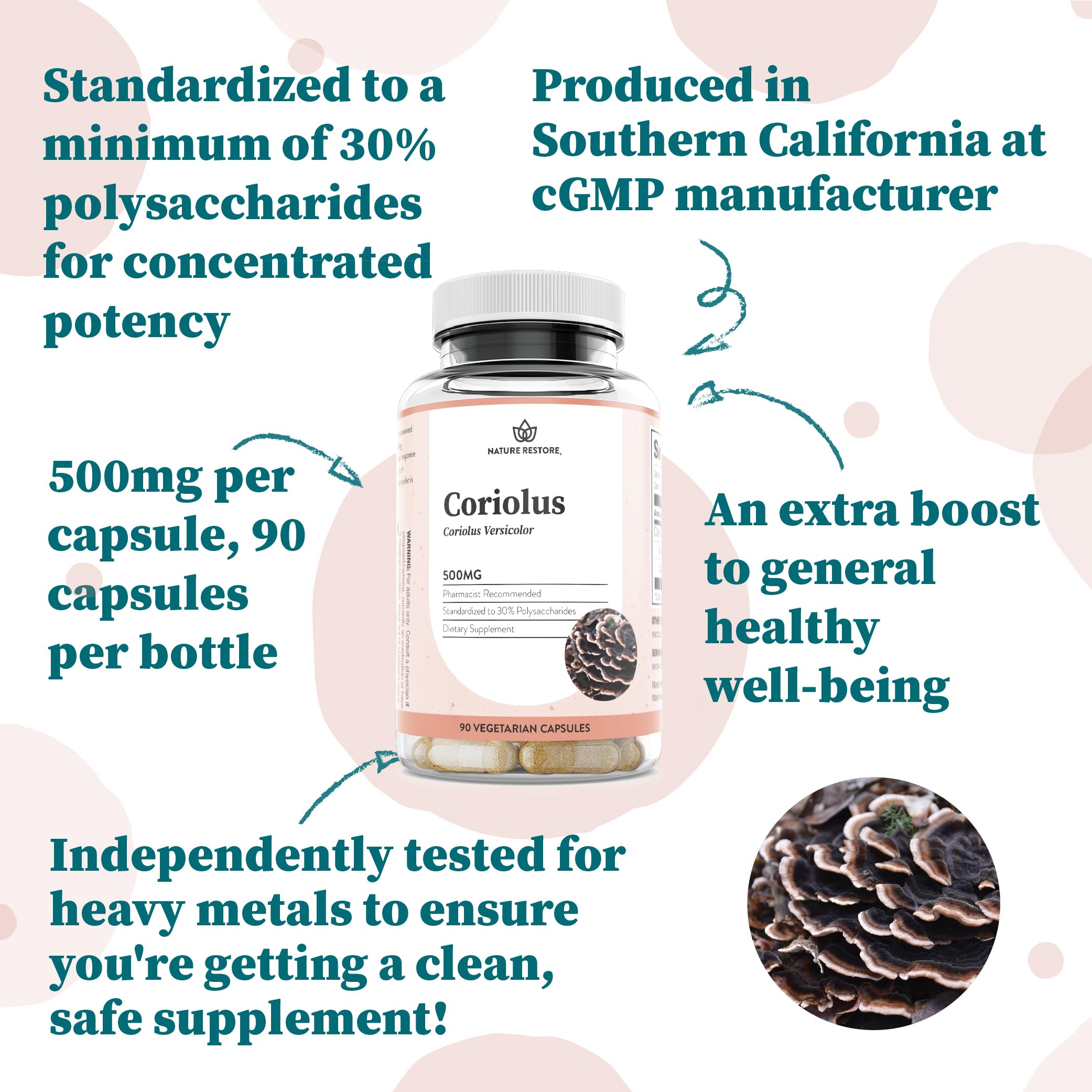 Nature Restore Turkey Tail Mushroom Capsules 500mg back label