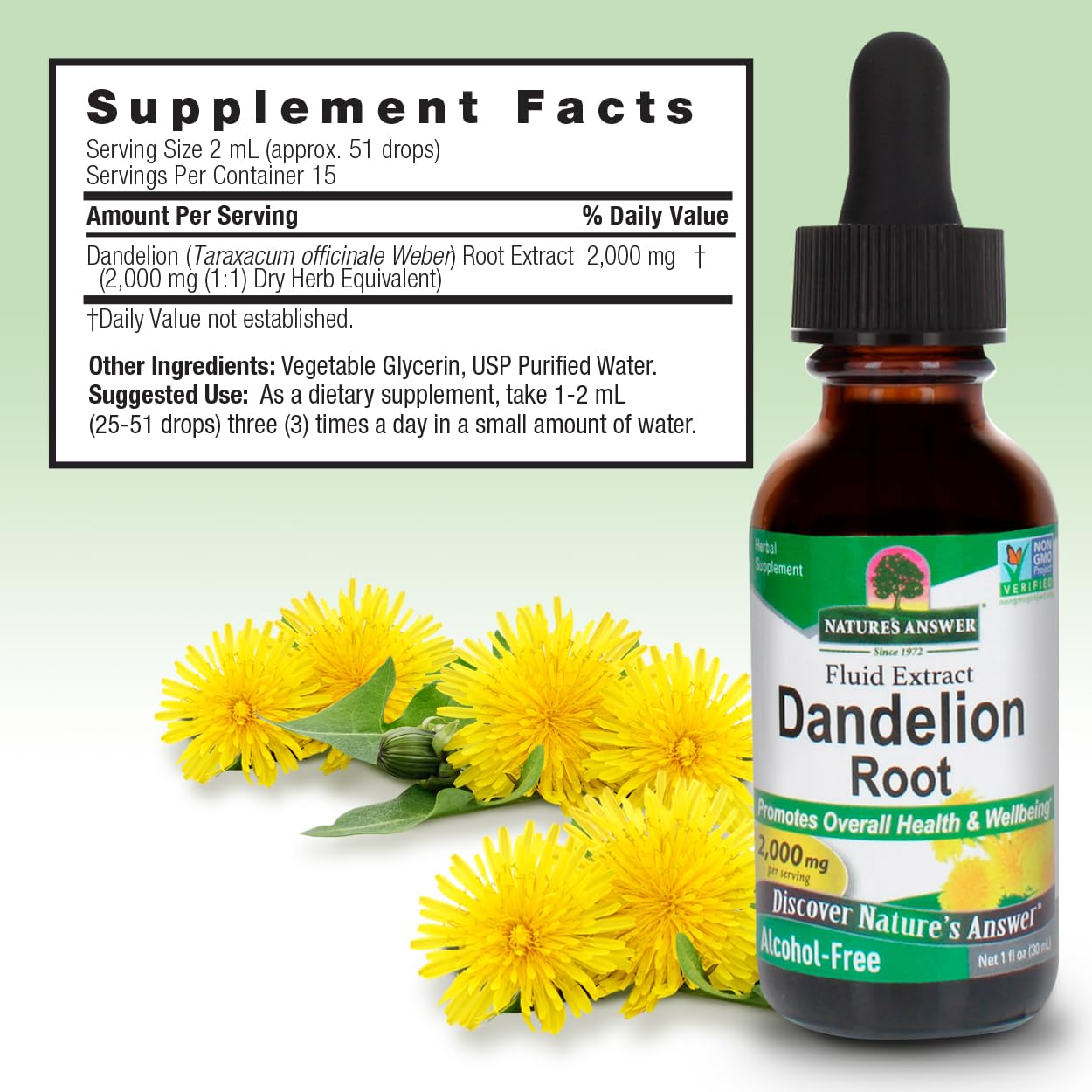 Nature's Answer Dandelion Root Fluid Extract 2000mg bottle with cap