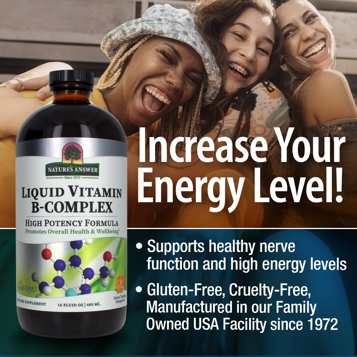 Nature's Answer Liquid Vitamin B-Complex 16oz bottle with a glass