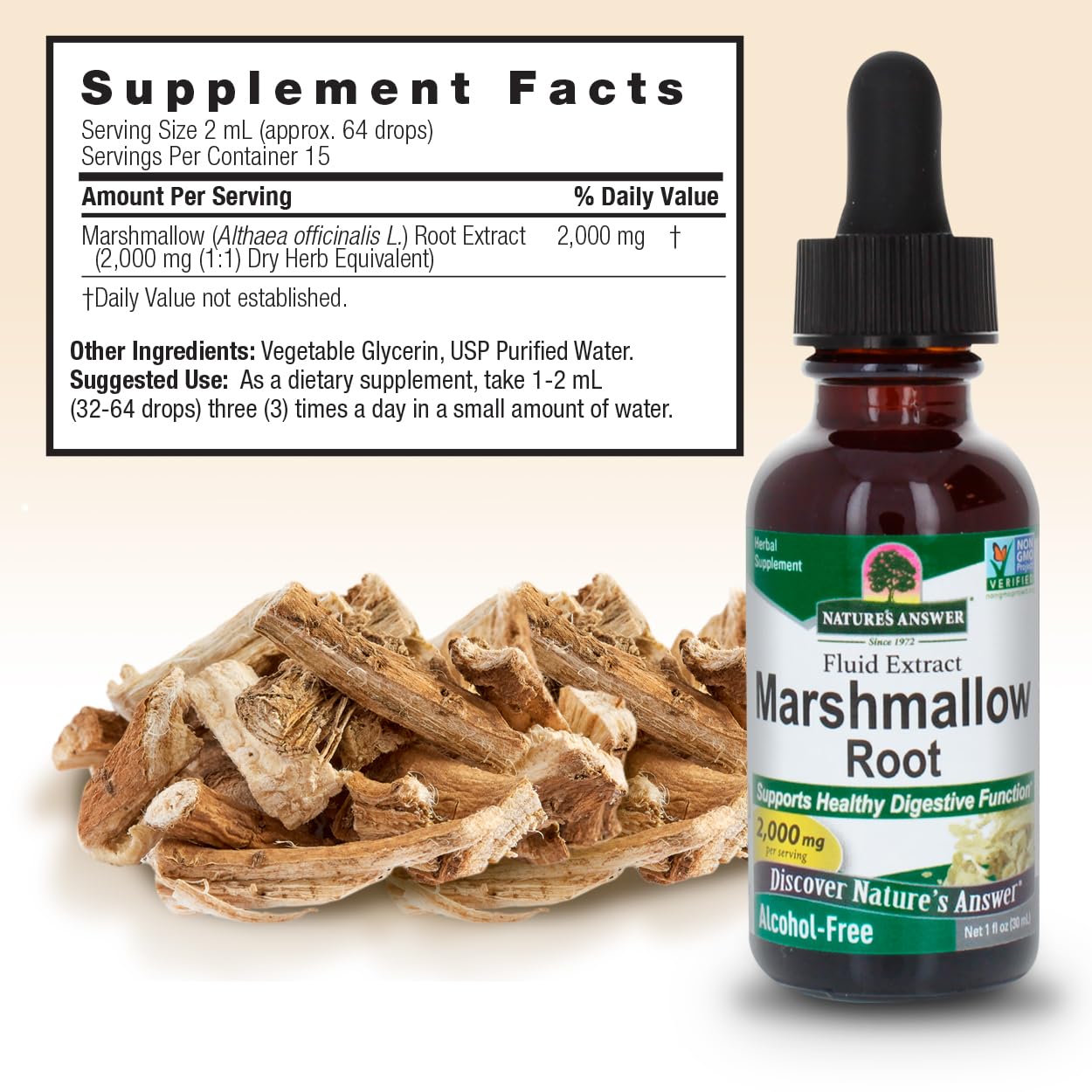 Nature's Answer Marshmallow Root Extract back view with usage instructions