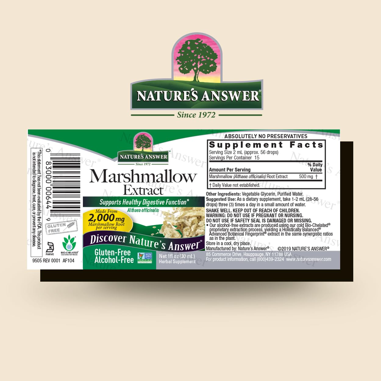Nature's Answer Marshmallow Root Extract side view showing ingredients
