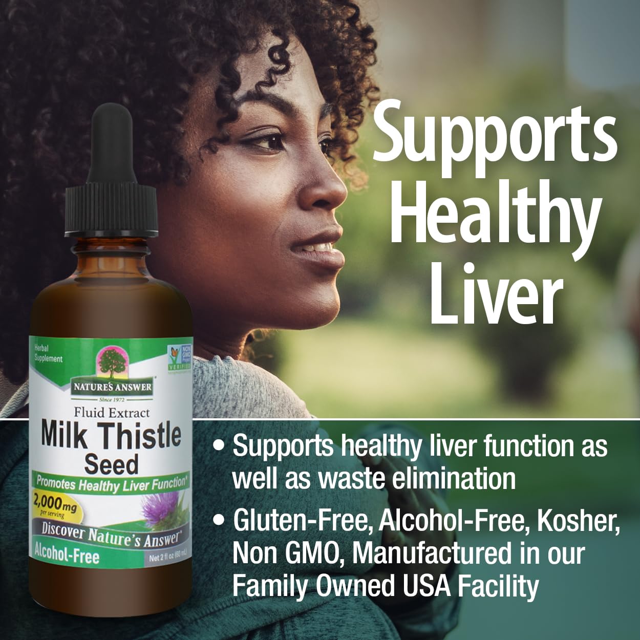 Nature's Answer Milk Thistle Extract 2oz packaging on a wooden table