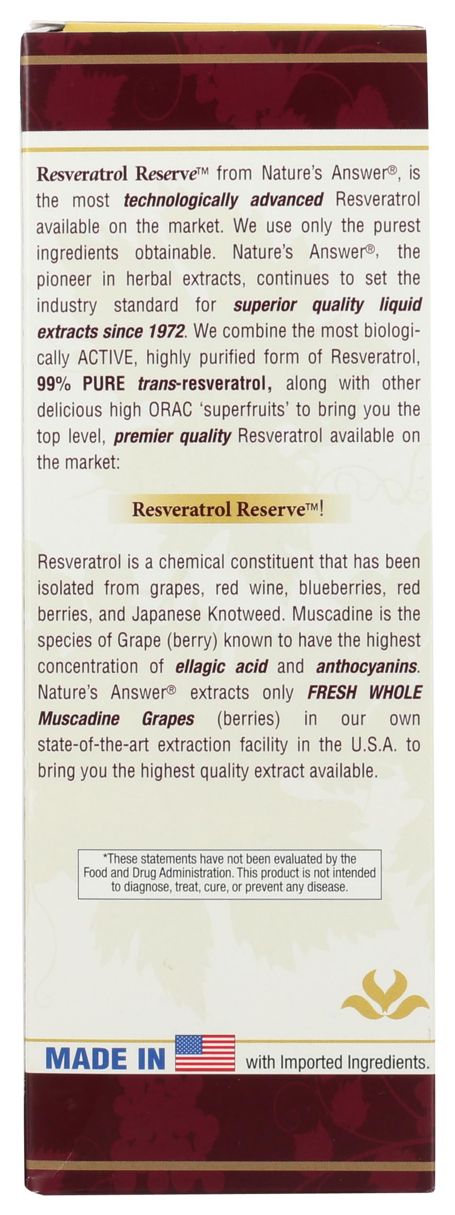 Nature's Answer Resveratrol Liquid Supplement 263g back view