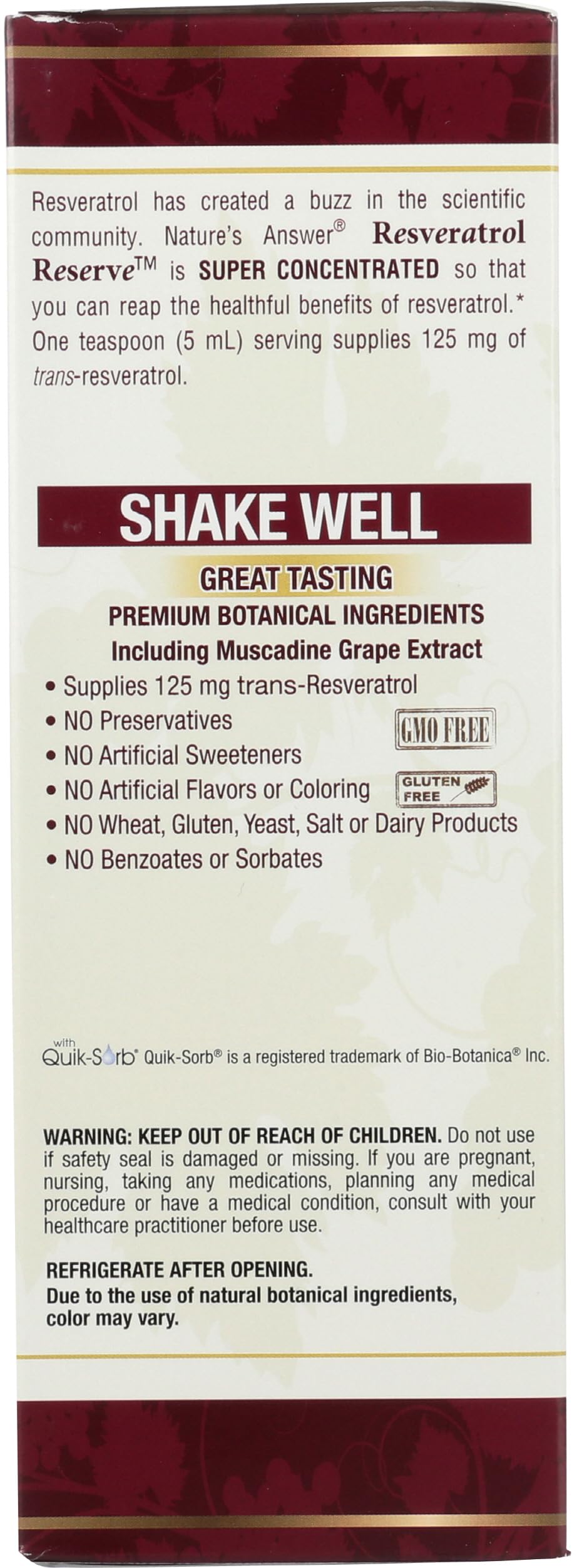 Nature's Answer Resveratrol Liquid Supplement 263g close-up of label