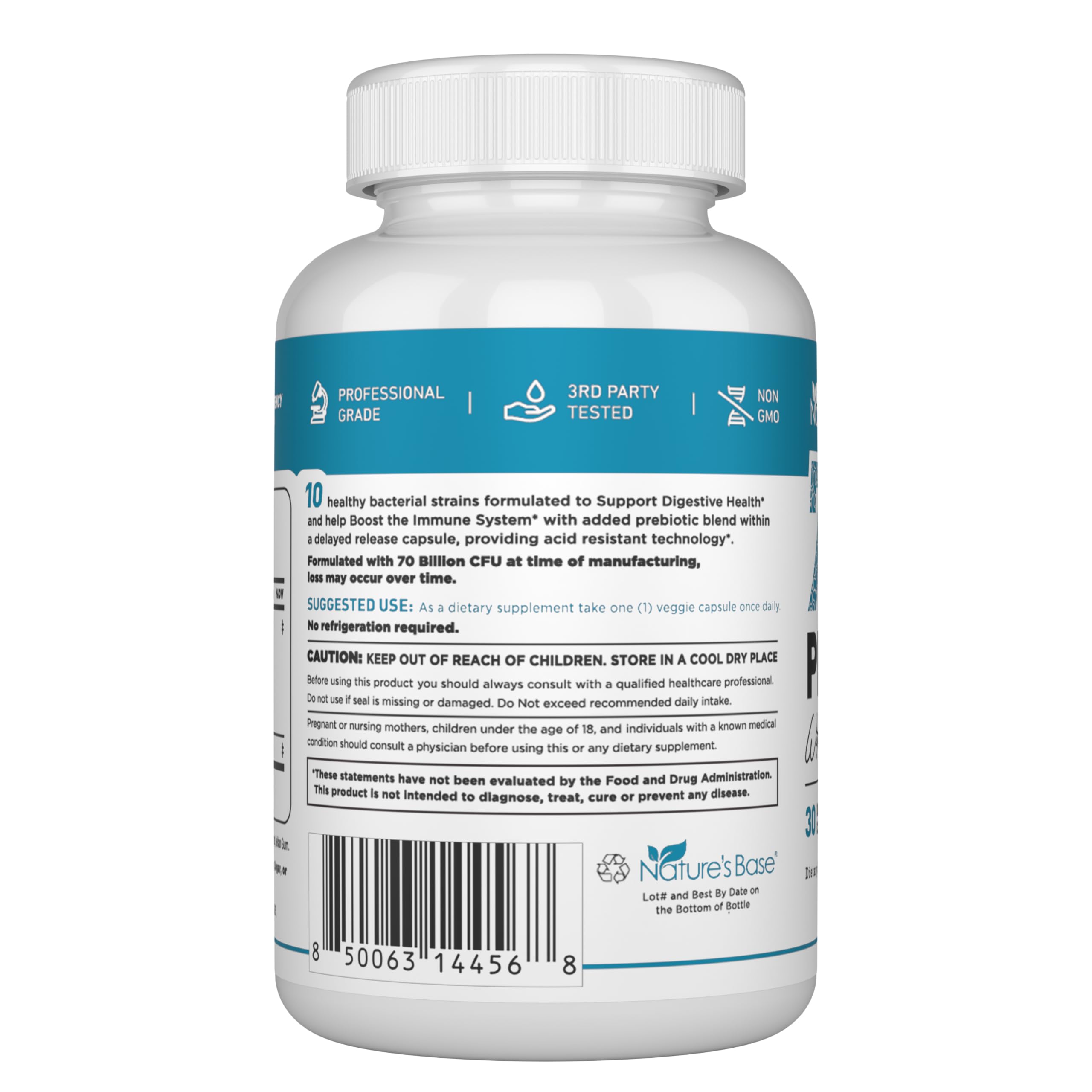 Nature's Base Probiotics 70 Billion CFUs capsules on a wooden table