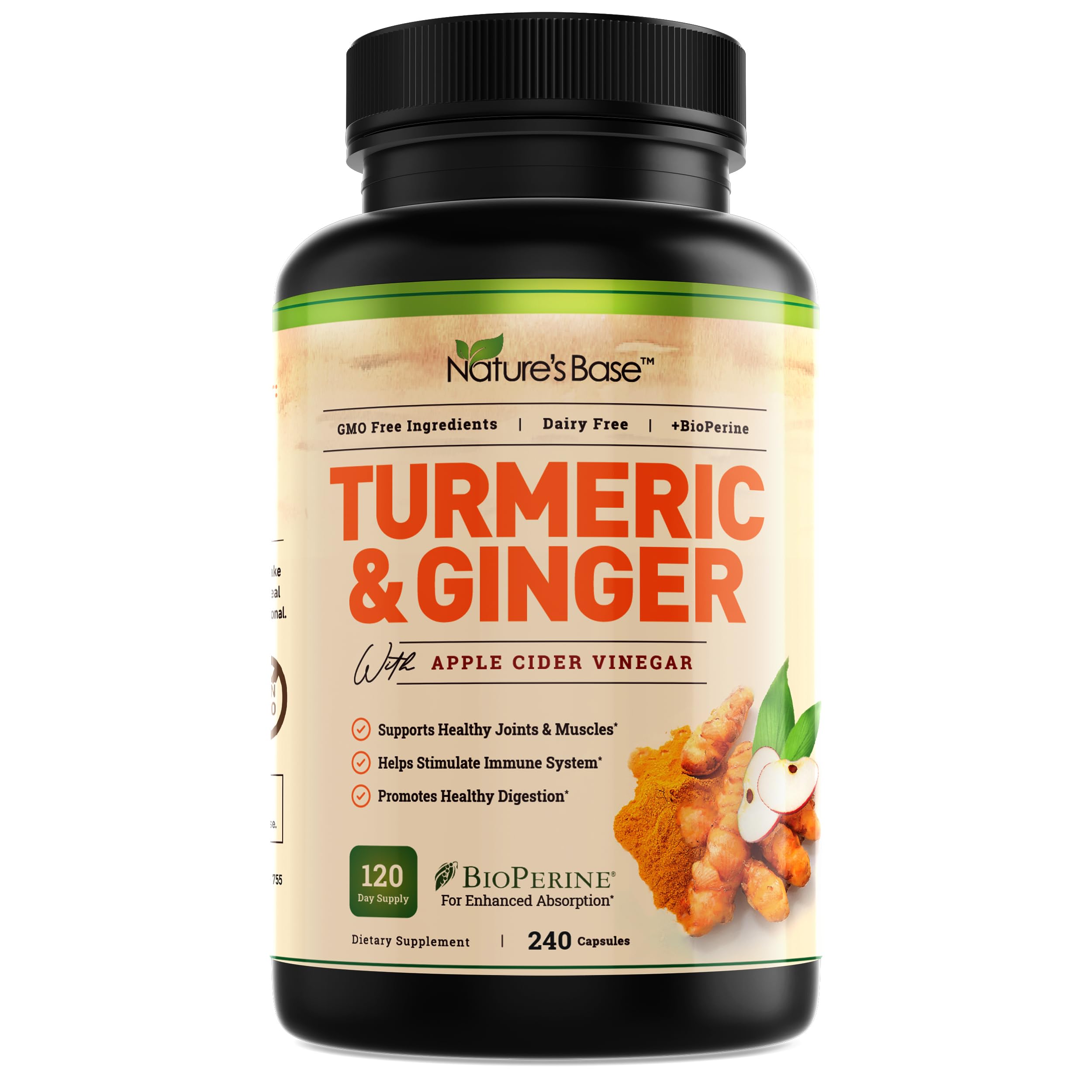 Nature's Base Turmeric & Ginger Supplement bottle front view