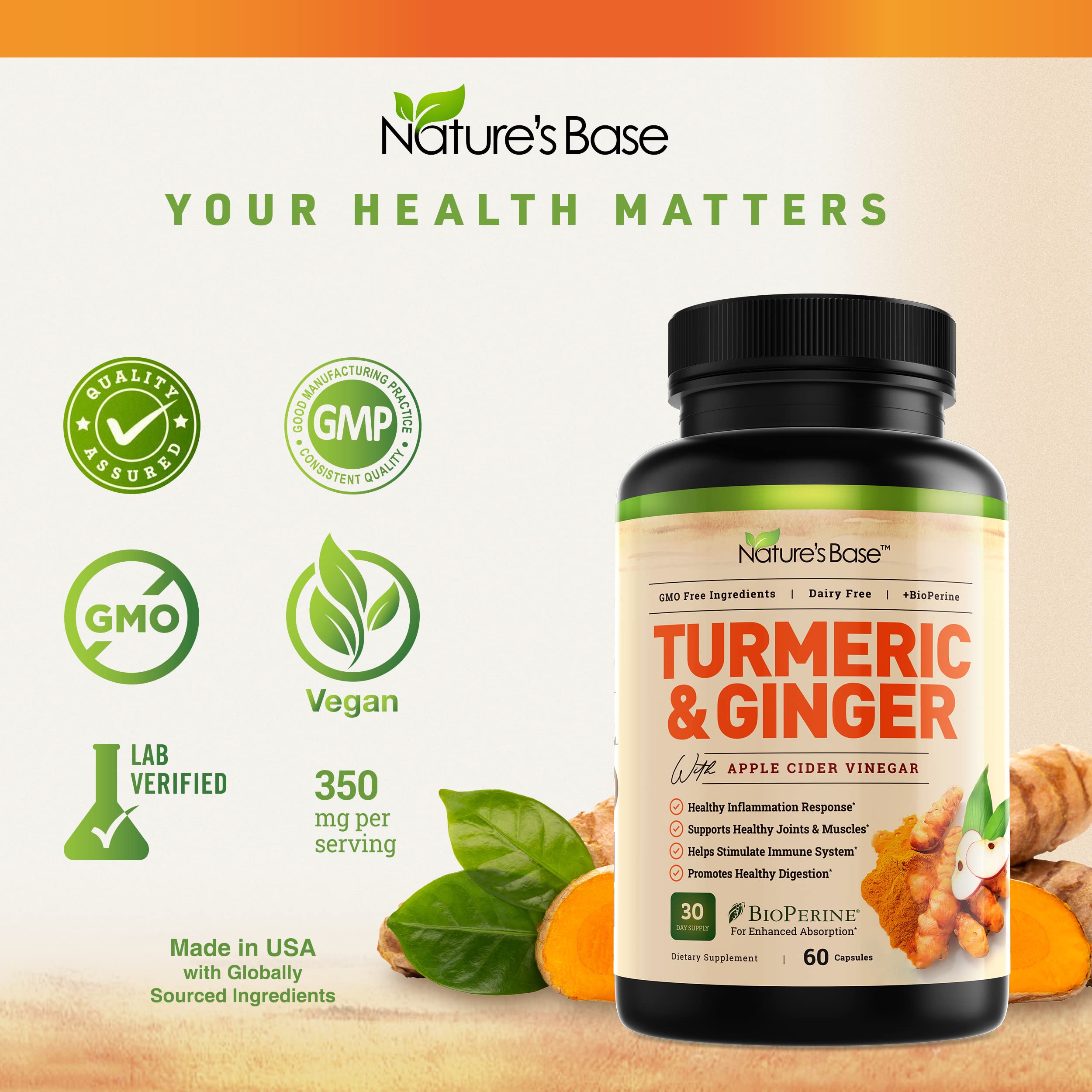 Nature's Base Turmeric Supplement bottle on a kitchen counter