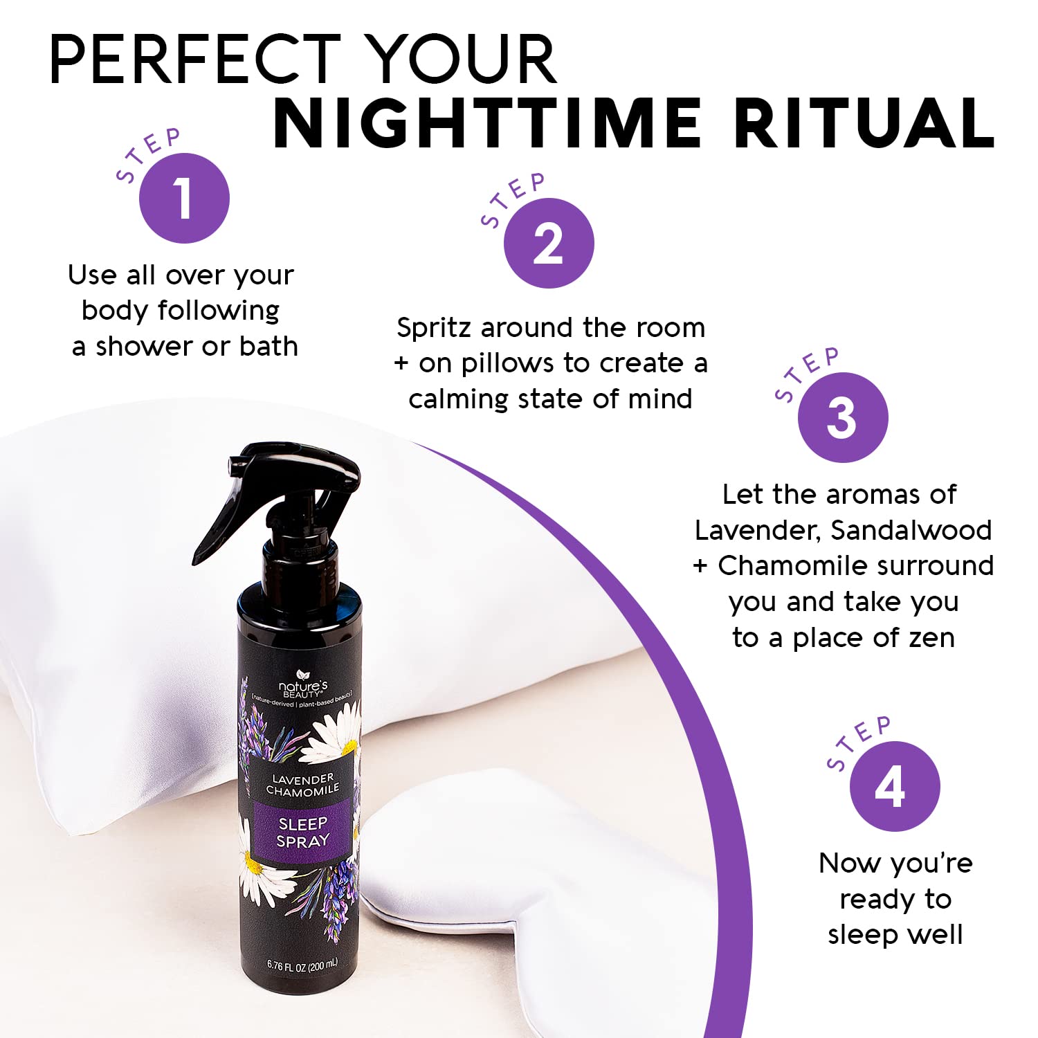 Nature's Beauty Lavender Chamomile Sleep Spray lifestyle scene on bedside table