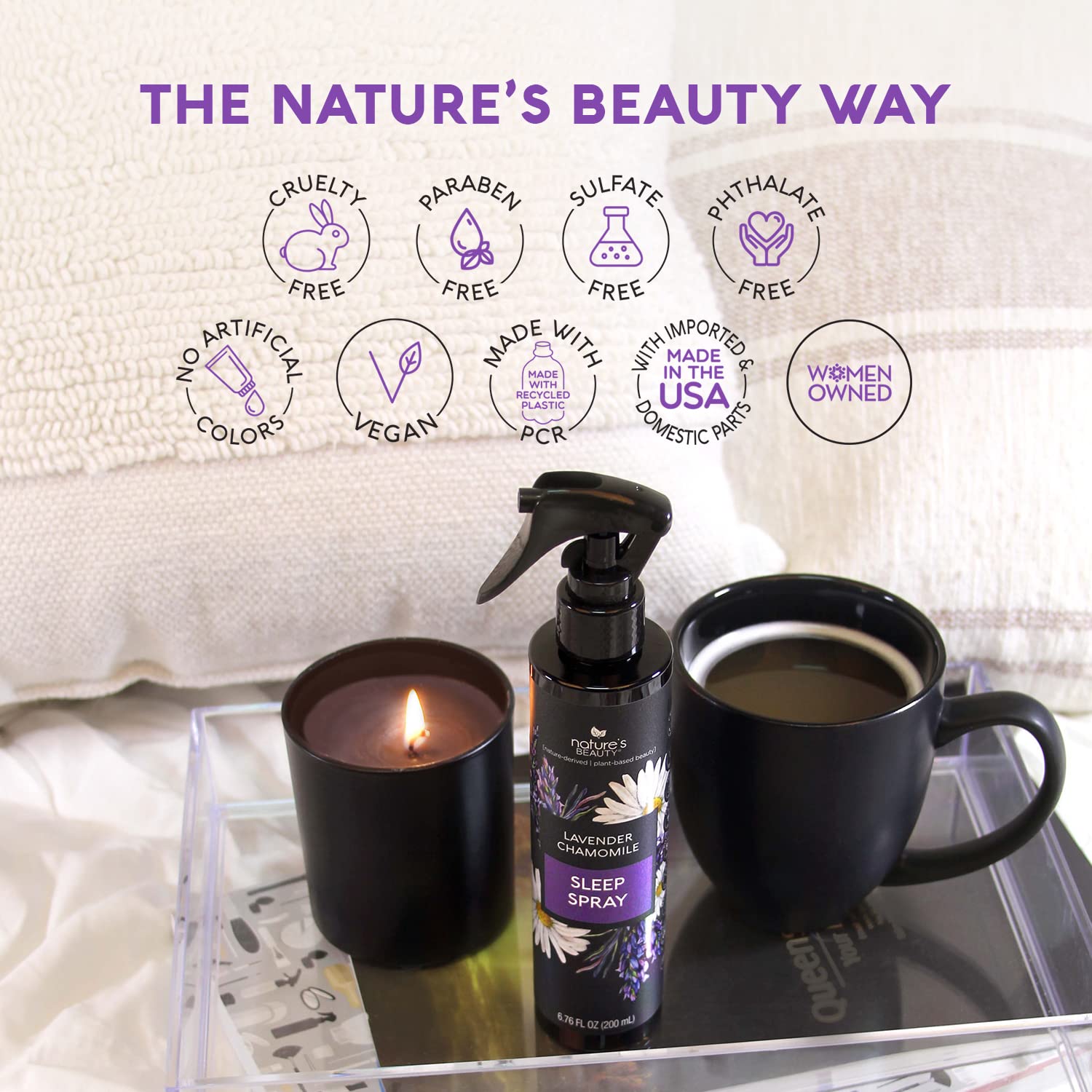 Nature's Beauty Lavender Chamomile Sleep Spray packaging with two bottles