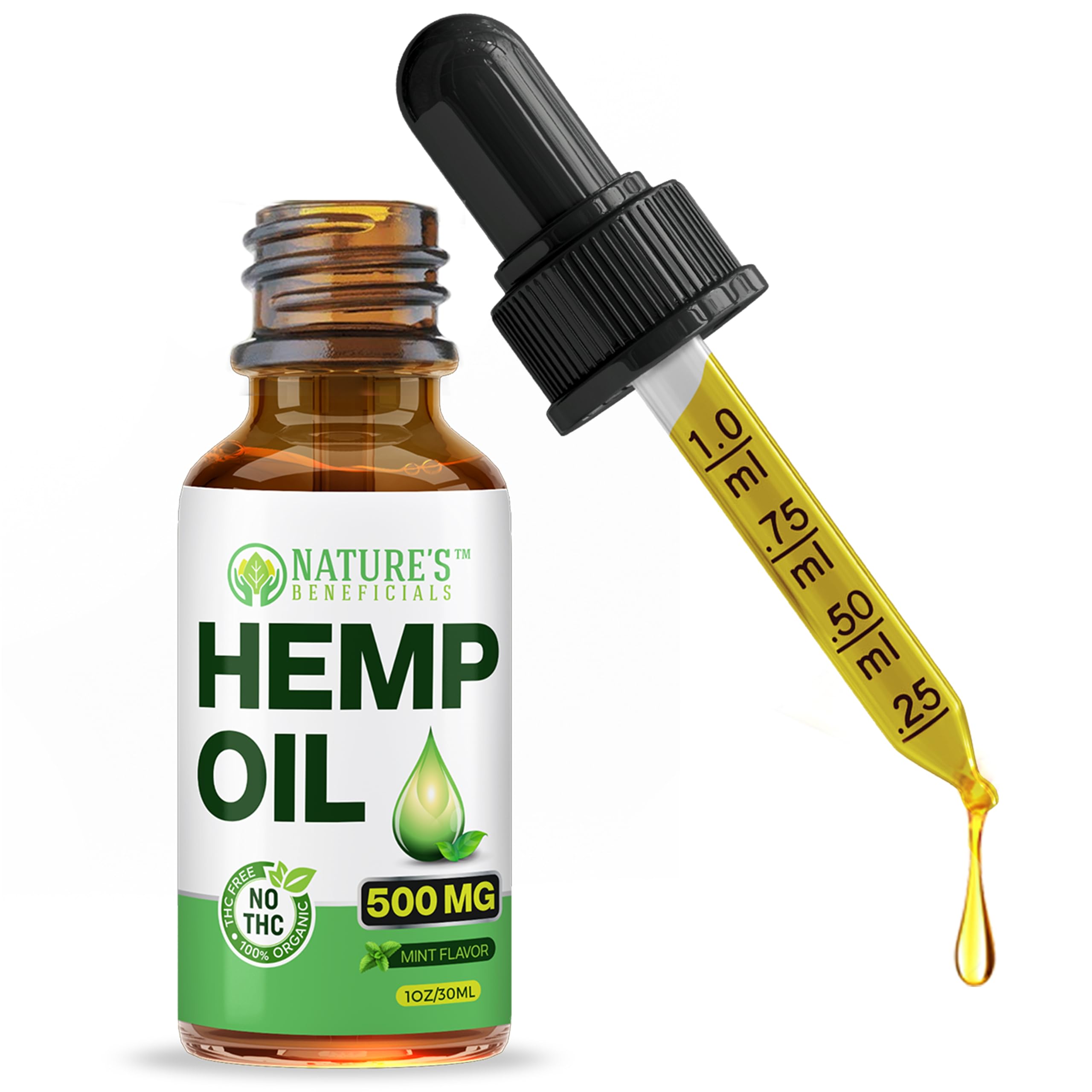 NATURE'S BENEFICIALS Hemp Oil 500 mg dropper bottle front view