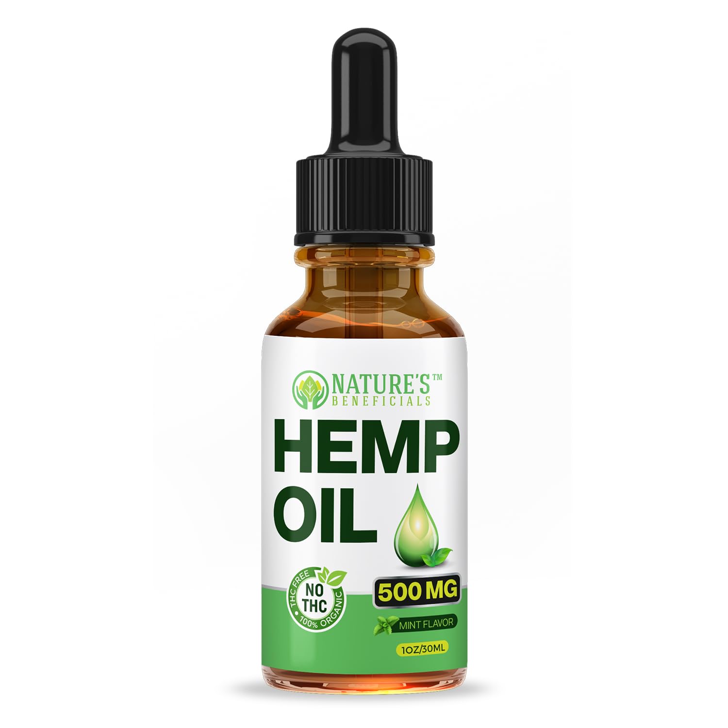 NATURE'S BENEFICIALS Hemp Oil 500 mg dropper bottle side view