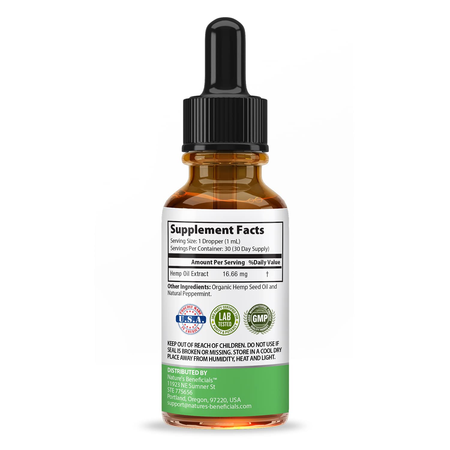 NATURE'S BENEFICIALS Hemp Oil 500 mg dropper bottle with dropper