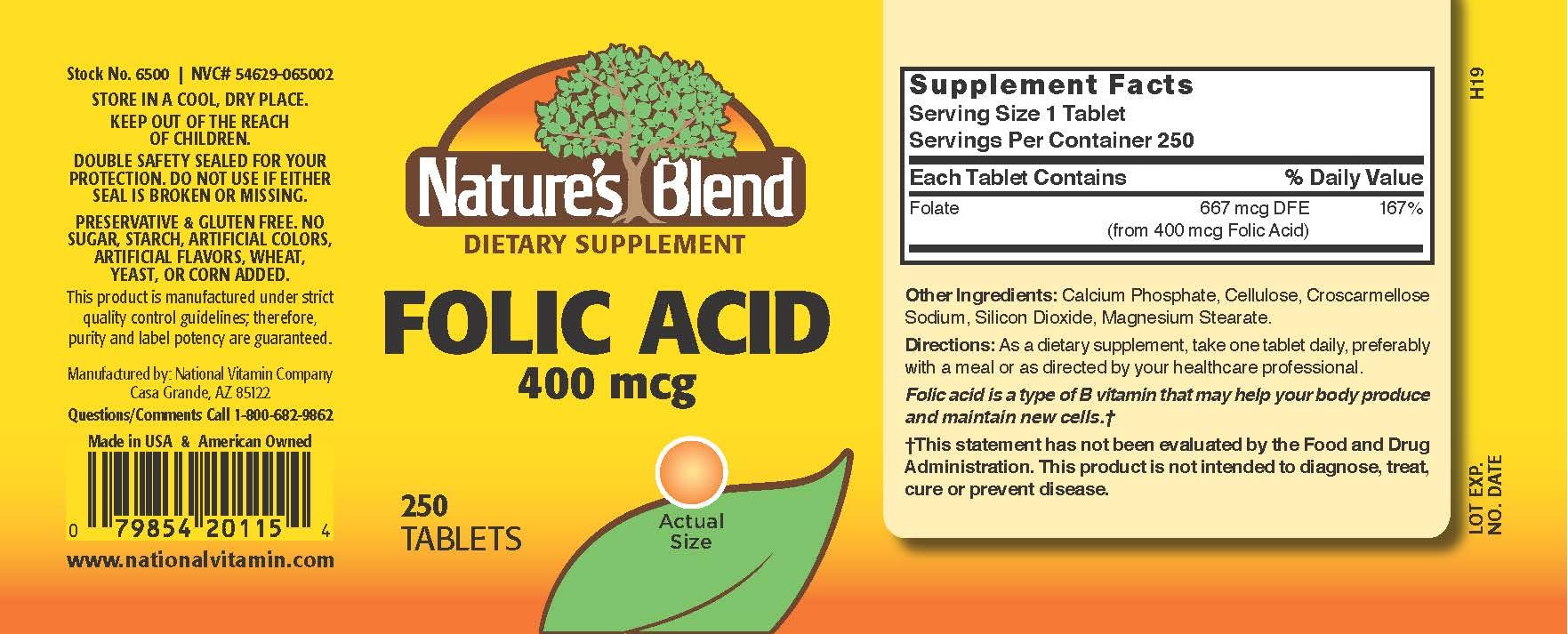 Nature's Blend Folic Acid 400 mcg tablets packaging