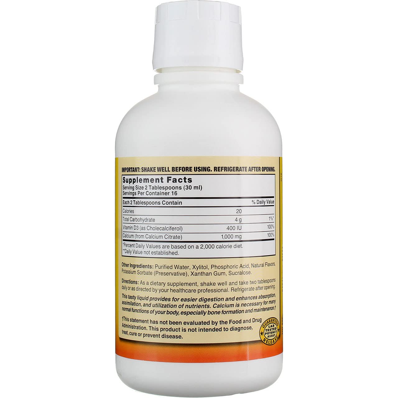 Nature's Blend Liquid Calcium Citrate nutritional information on bottle