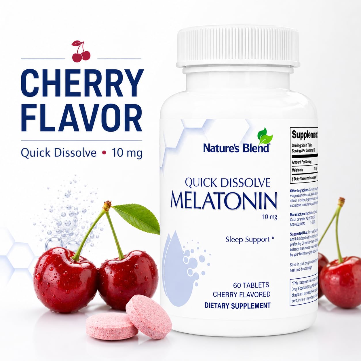 Nature's Blend Melatonin Cherry Tablets open bottle
