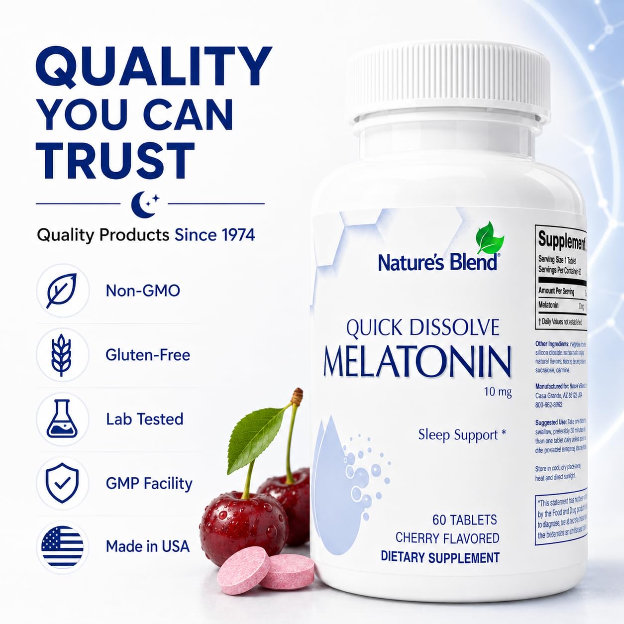 Nature's Blend Melatonin Cherry Tablets with a glass of water