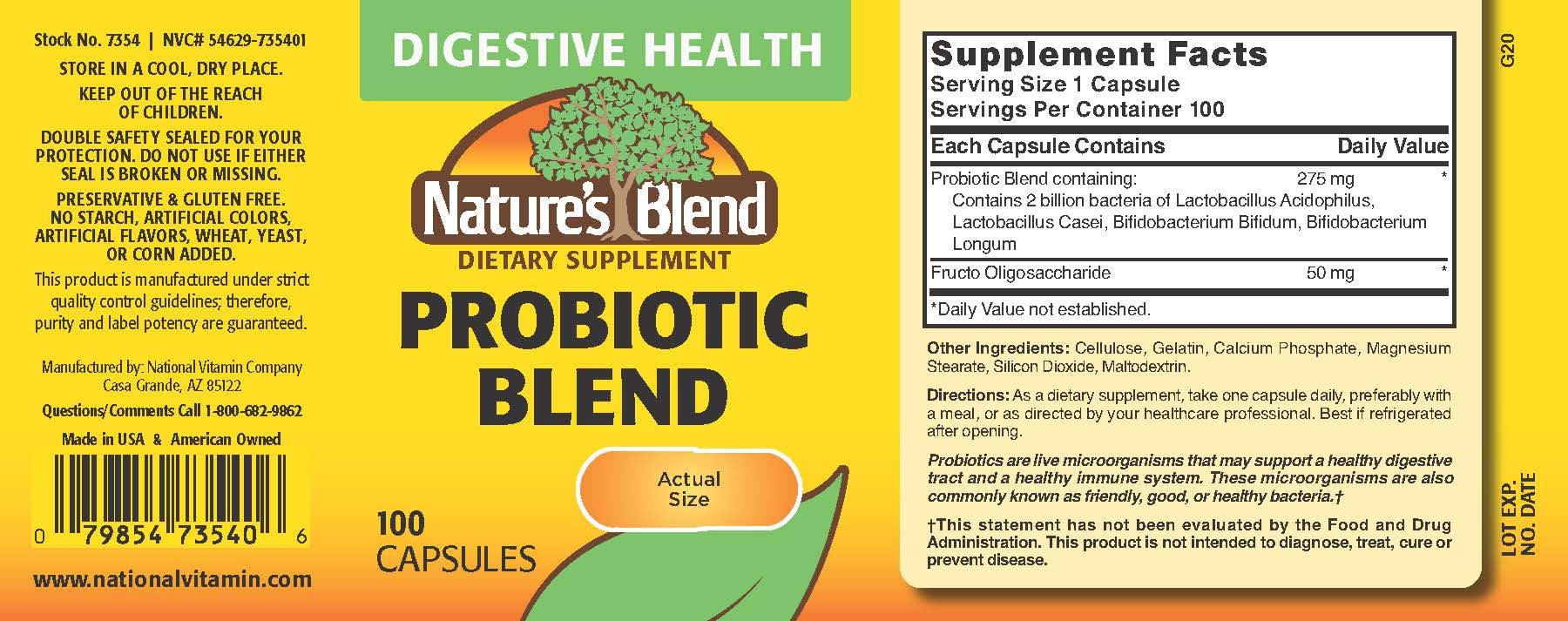 Nature's Blend Probiotic Blend 100 Capsules side view