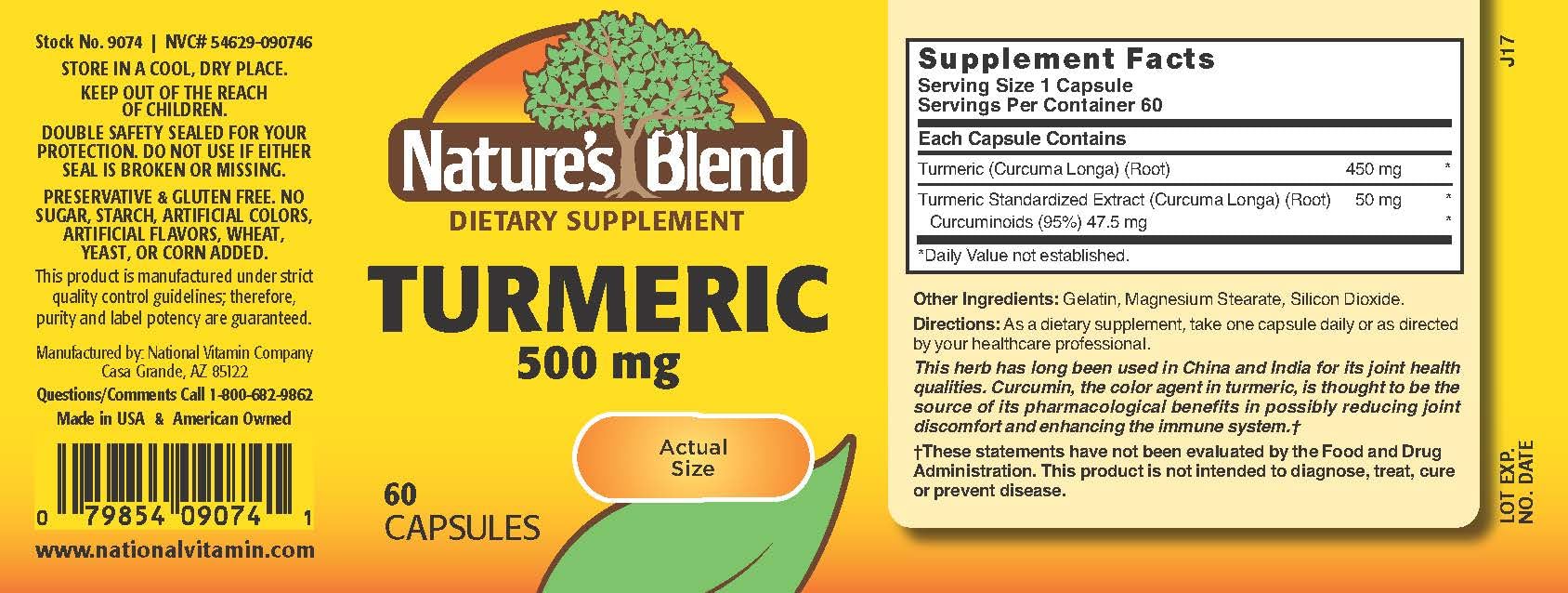 Nature's Blend Turmeric Supplement 54g side view with ingredients