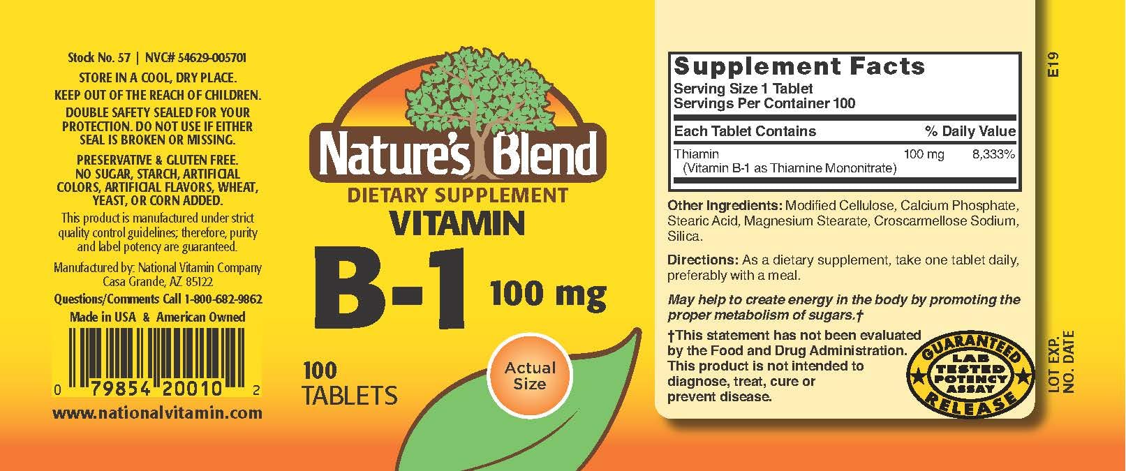Nature's Blend Vitamin B-1 Tablets 100 mg side view showing tablet count