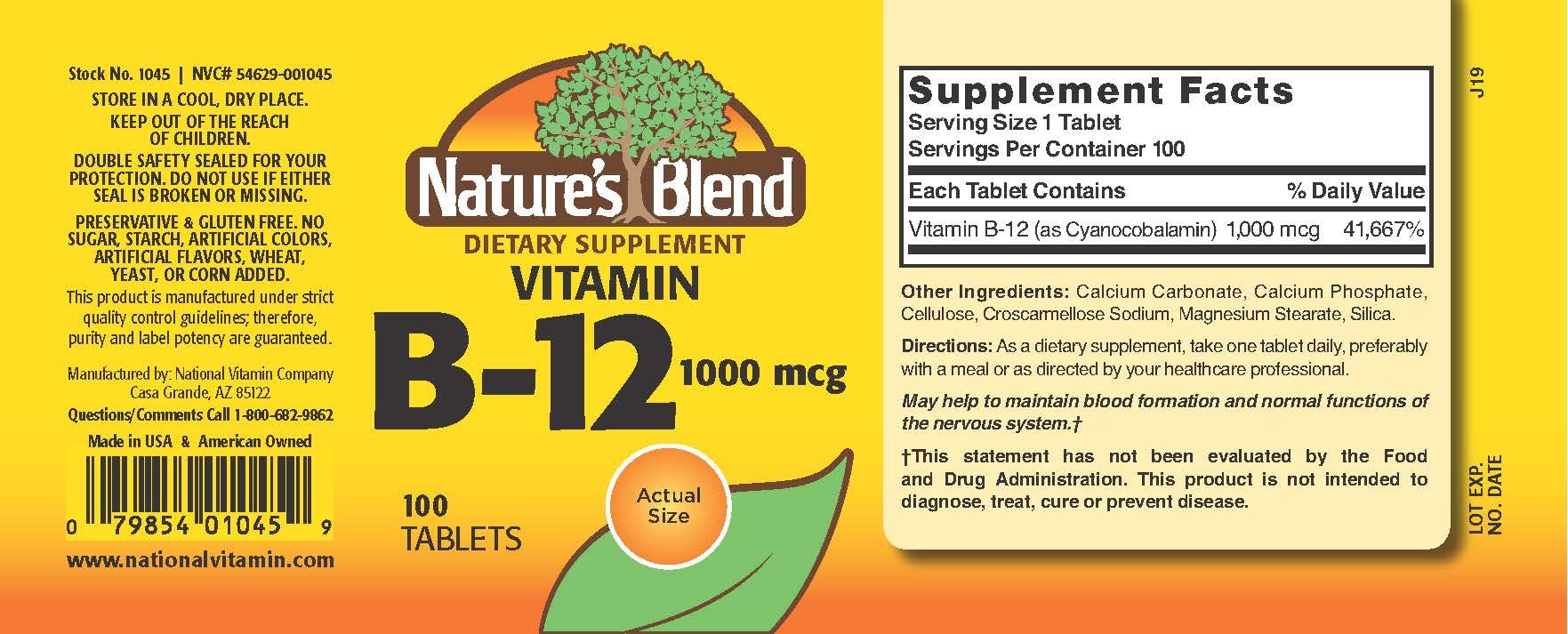 Nature's Blend Vitamin B-12 1000mcg tablets bottle side view