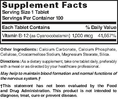 Nature's Blend Vitamin B-12 1000mcg tablets label close-up