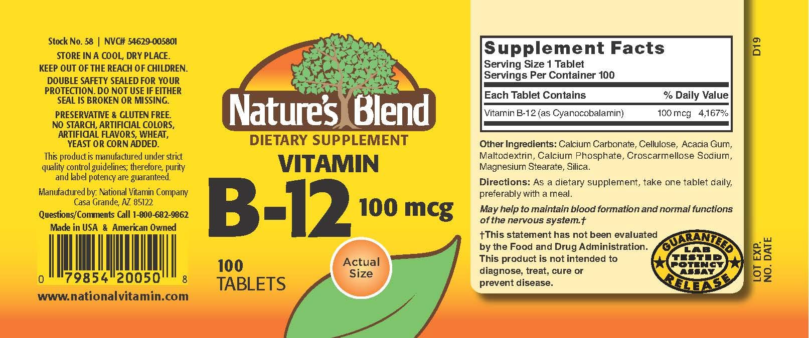 Nature's Blend Vitamin B12 Supplement side view with ingredients