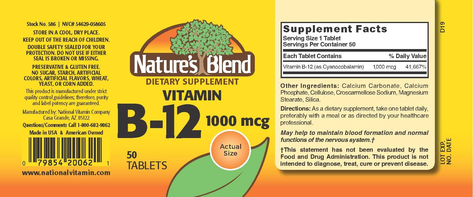 Nature's Blend Vitamin B12 Tablets 1000 mcg bottle with 50 tablets