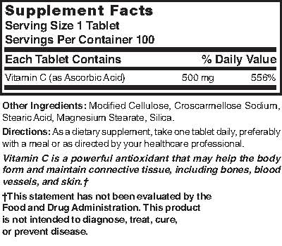 Nature's Blend Vitamin C Tablets back view with nutritional information