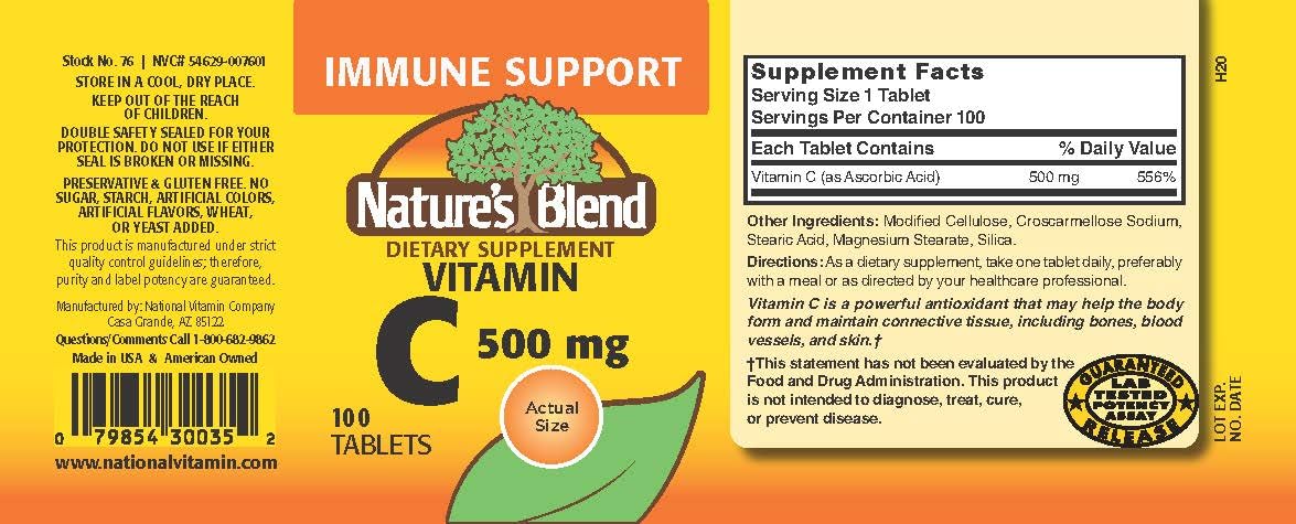 Nature's Blend Vitamin C Tablets side view showing tablet size