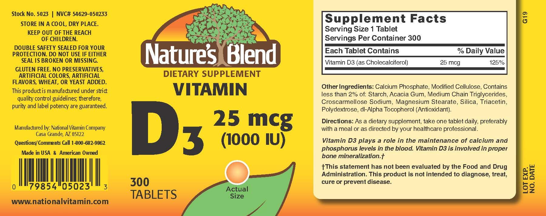 Nature's Blend Vitamin D3 1000 IU bottle side view
