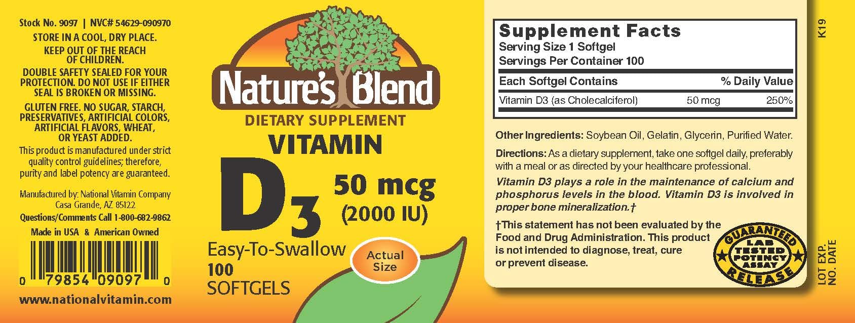Nature's Blend Vitamin D3 Softgels showing softgel size and shape