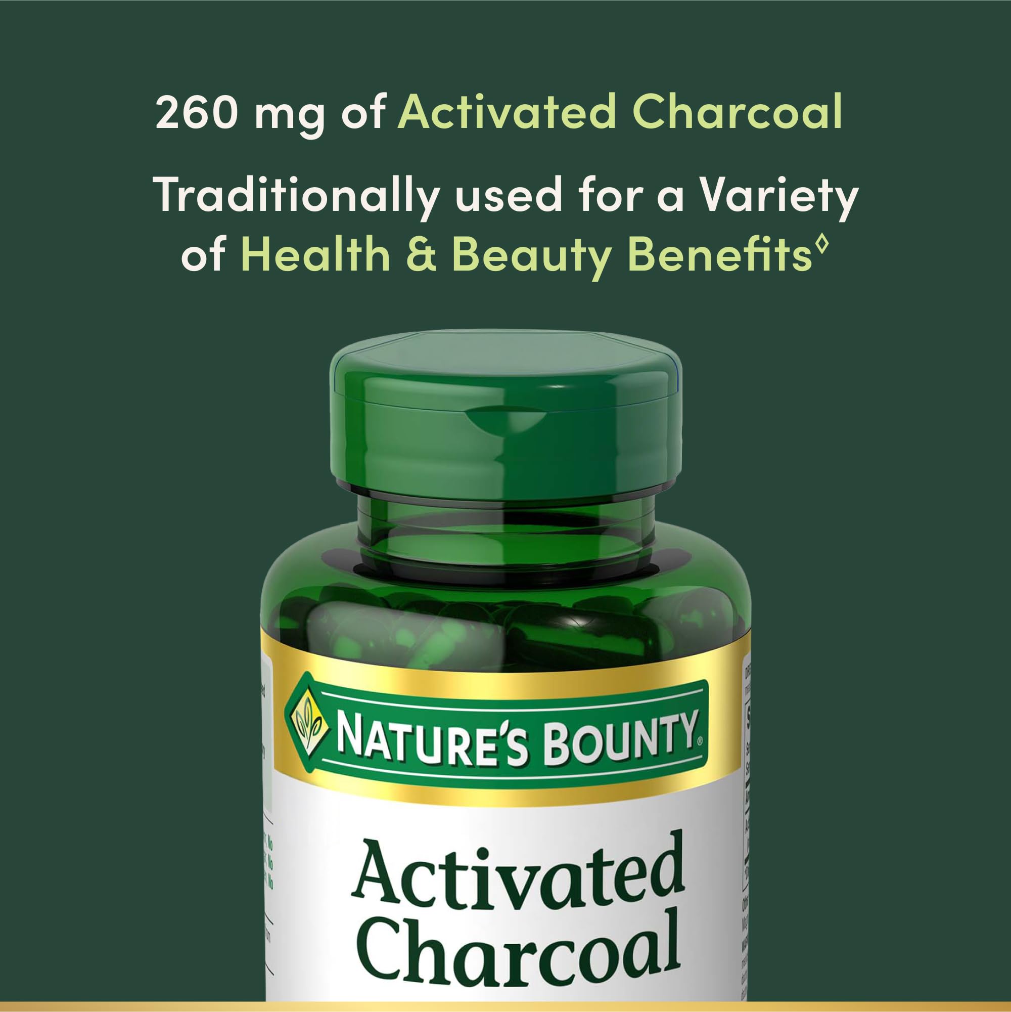 Nature's Bounty Activated Charcoal Capsules bottle with label