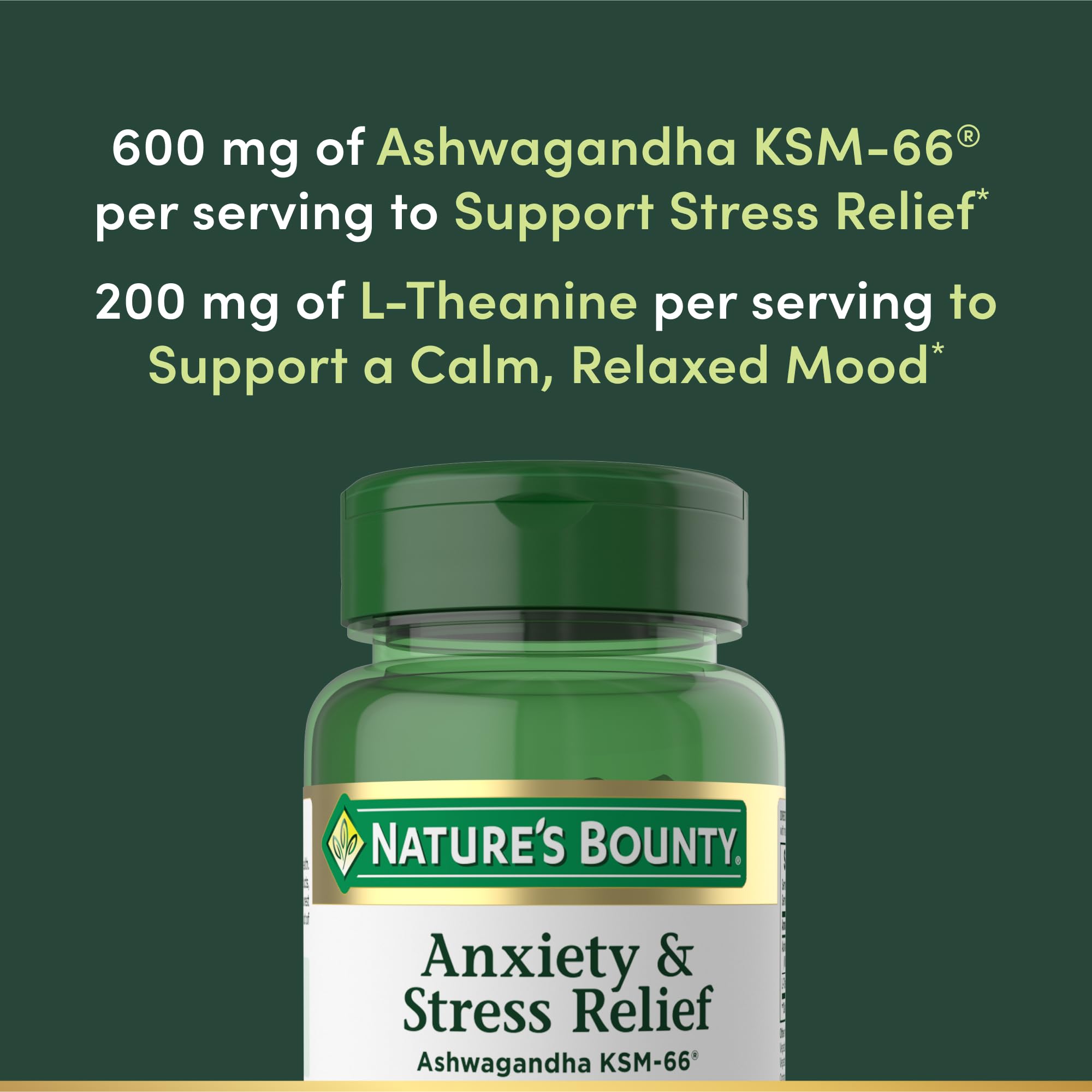 Nature's Bounty Ashwagandha daily wellness Tablets back view with ingredients