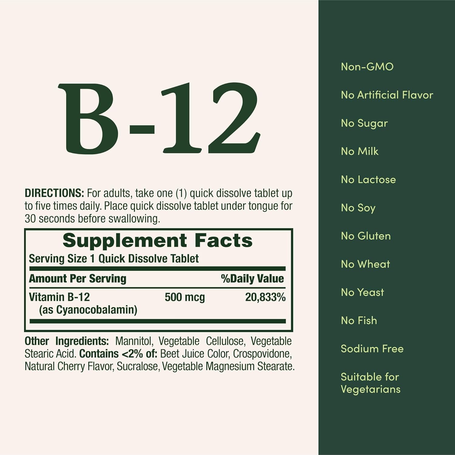 Nature's Bounty B-12 Quick Dissolve Tablets 500 Mcg back view