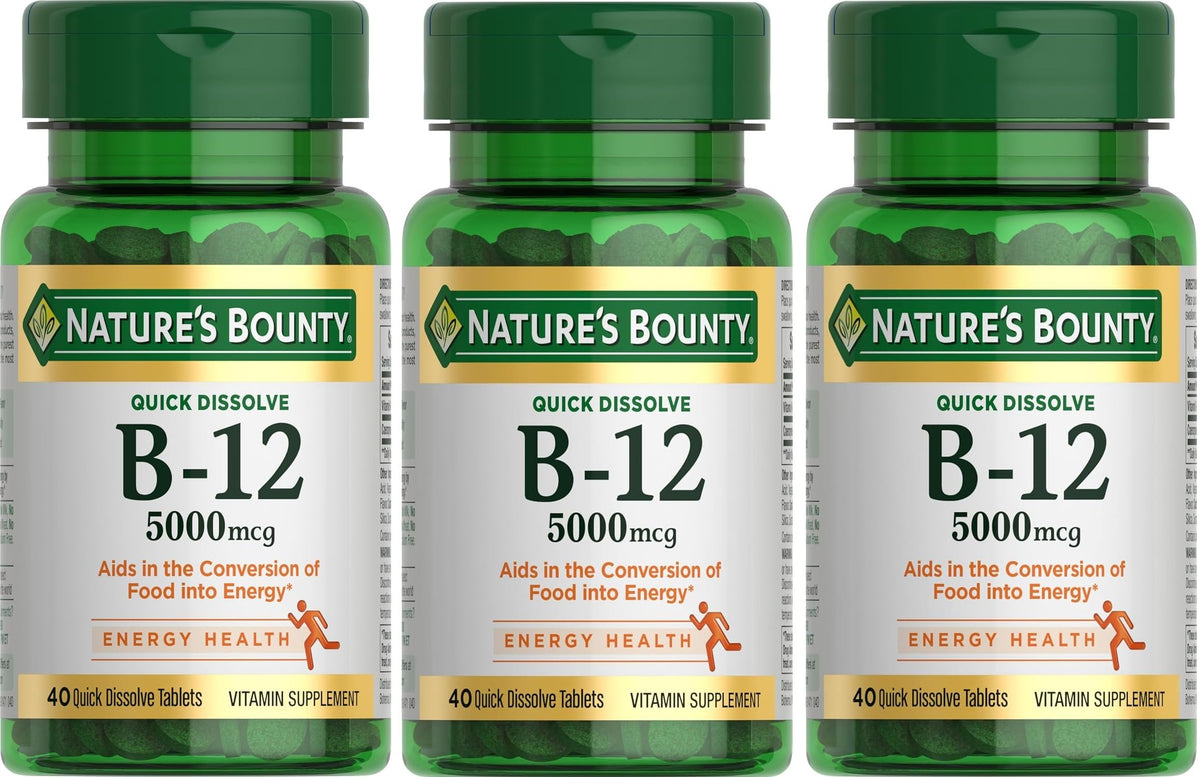 Nature's Bounty B-12 Quick Dissolve Tablets front view with packaging