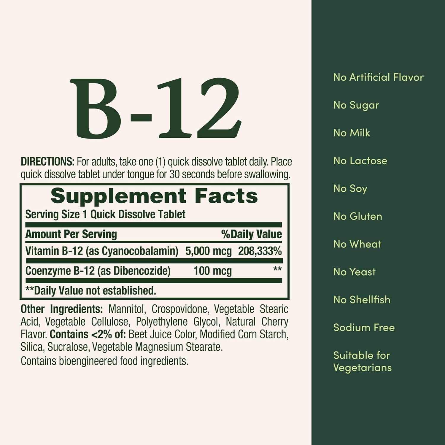 Nature's Bounty B-12 Quick Dissolve Tablets with dosage information